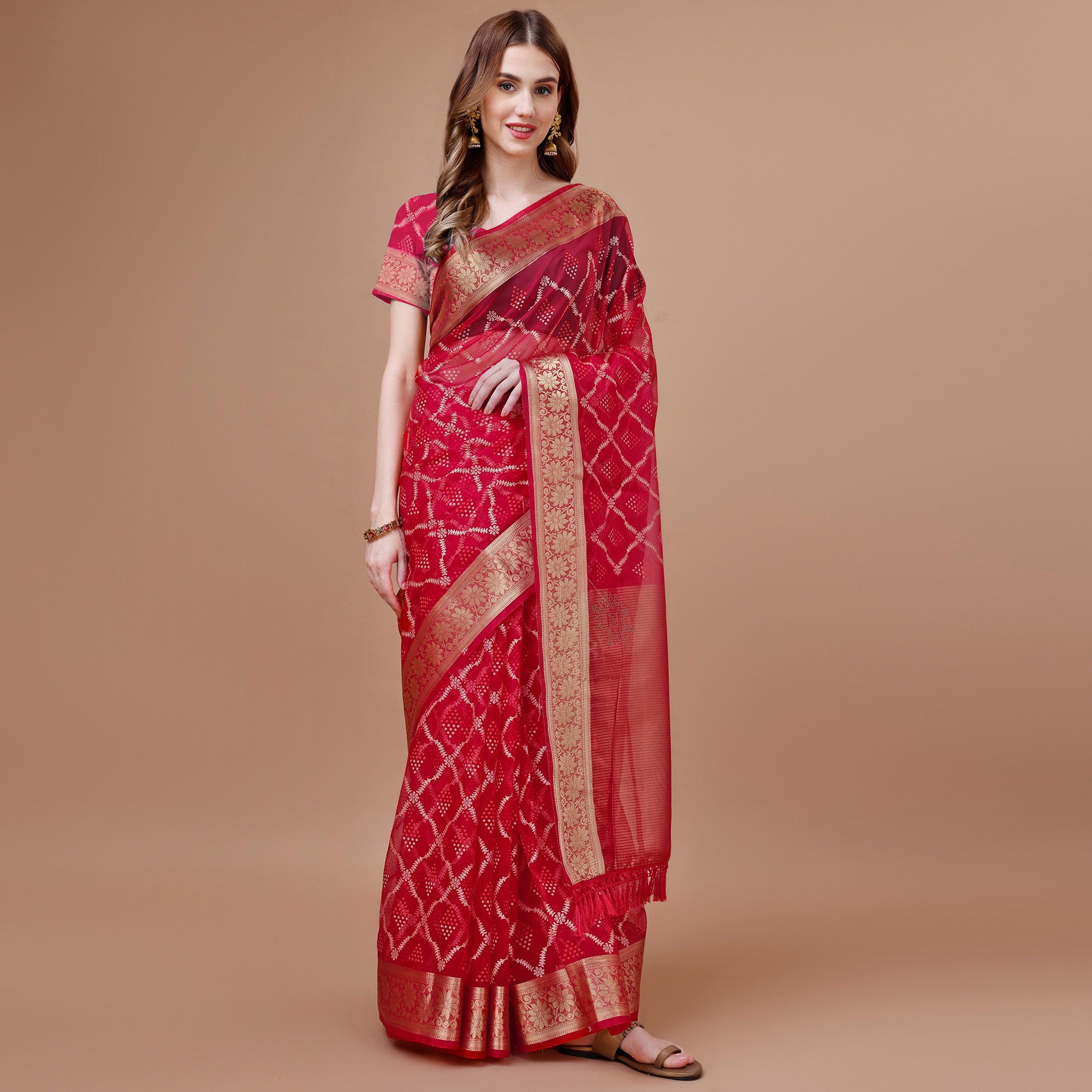 Rani Pink Bandhani Printed Organza Saree With Woven Border