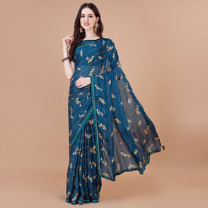 Blue Foil Printed Chiffon Saree With Lace Border