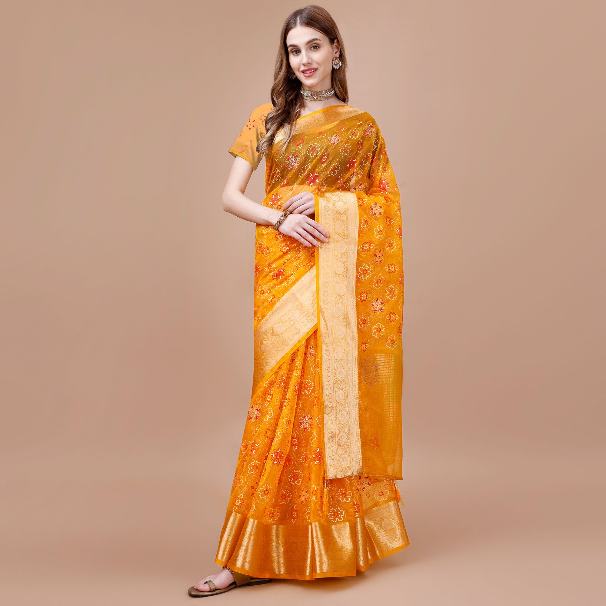 Yellow Bandhani Printed Organza Saree With Woven Border