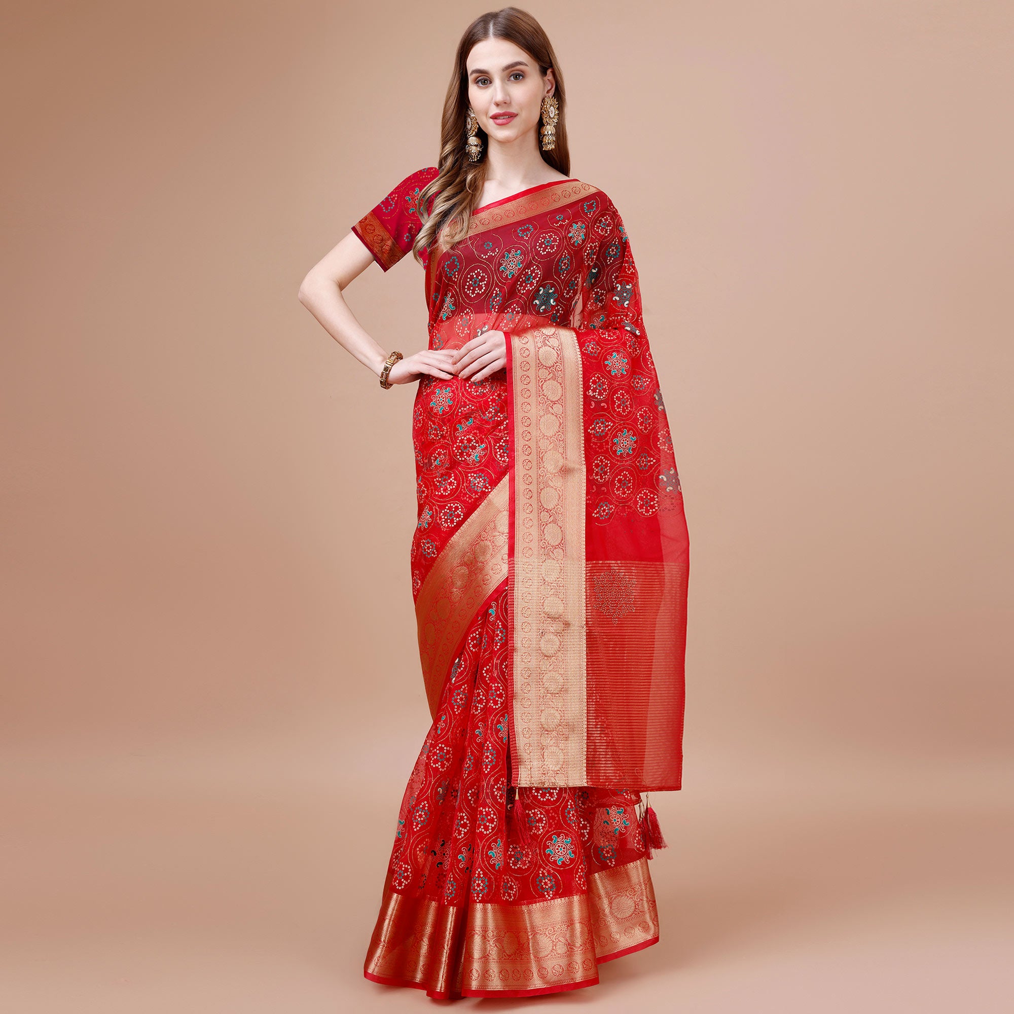 Red Bandhani Printed Organza Saree With Woven Border