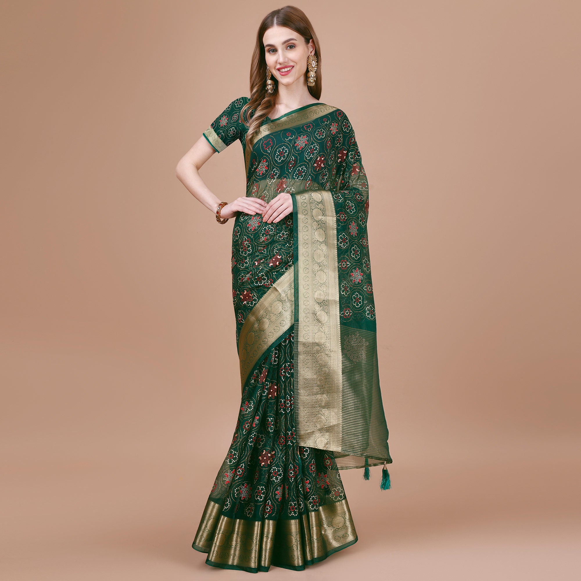 Green Bandhani Printed Organza Saree With Woven Border