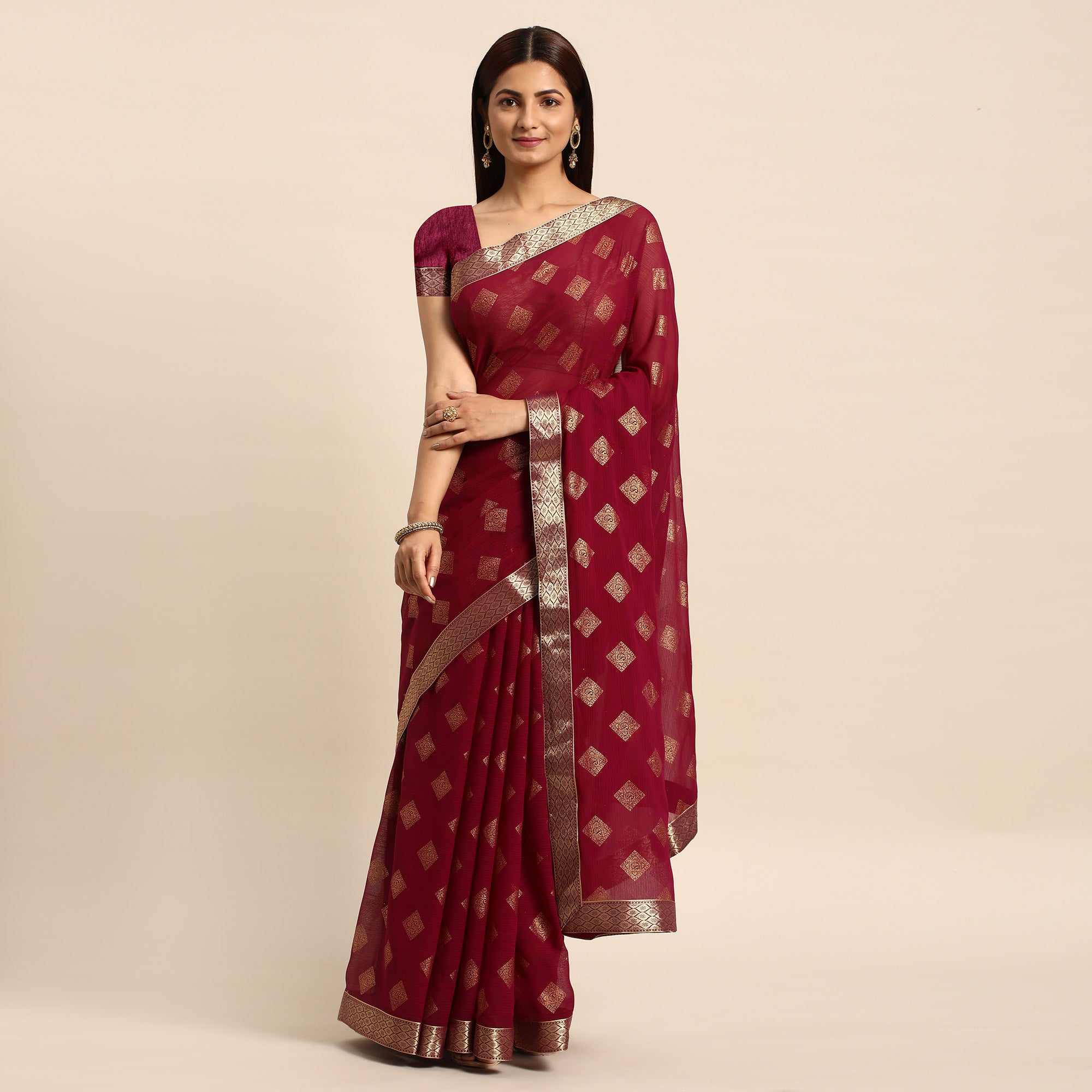 Wine Foil Printed Chiffon Saree With Tassels