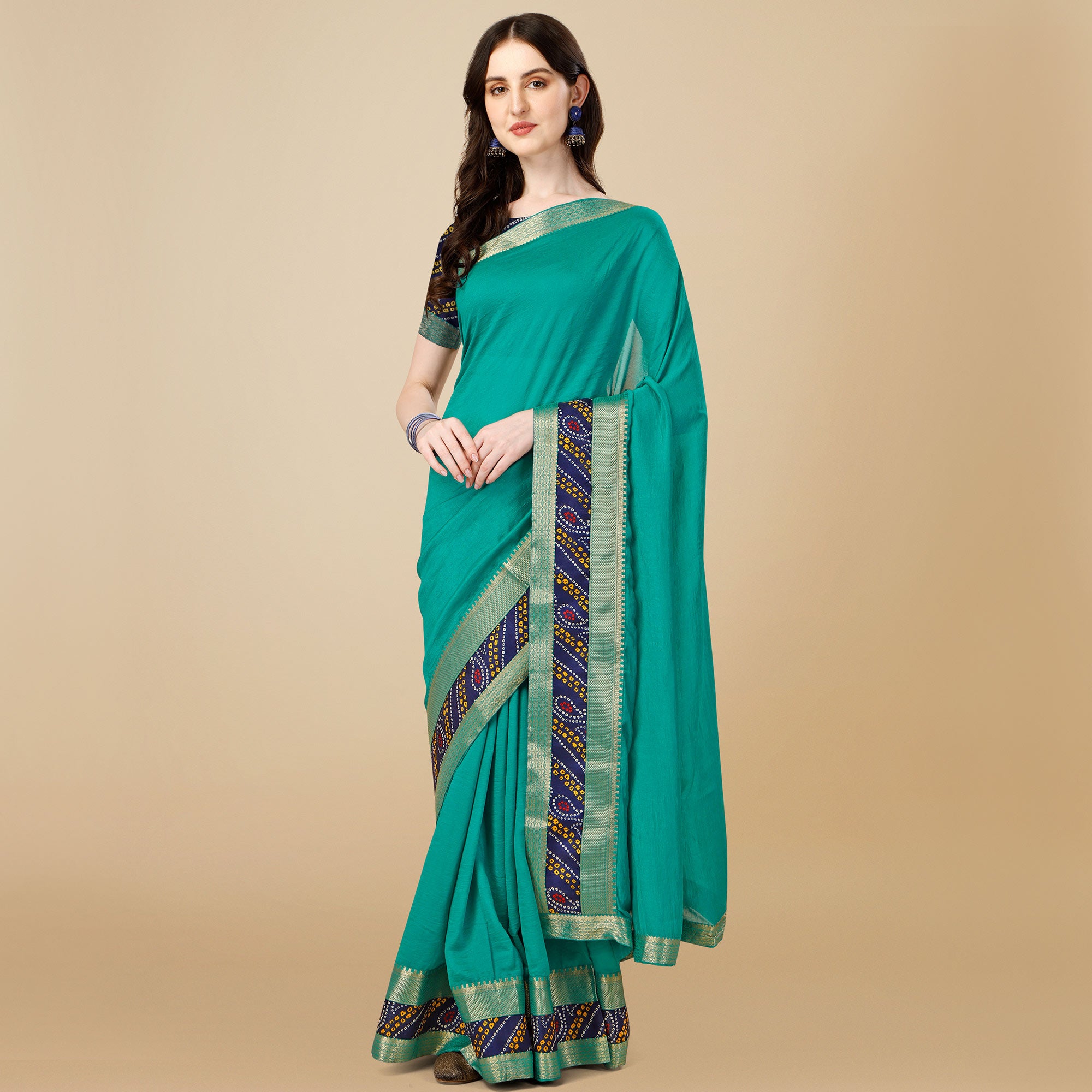 Turquoise Solid Vichitra Silk Saree