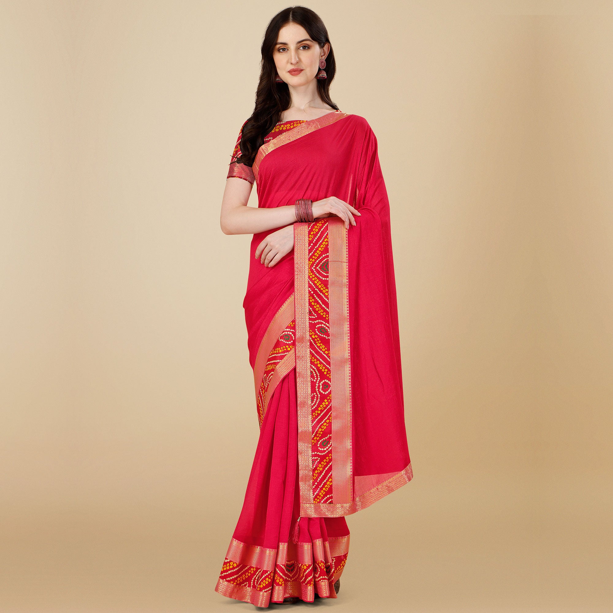 Pink Solid Vichitra Silk Saree