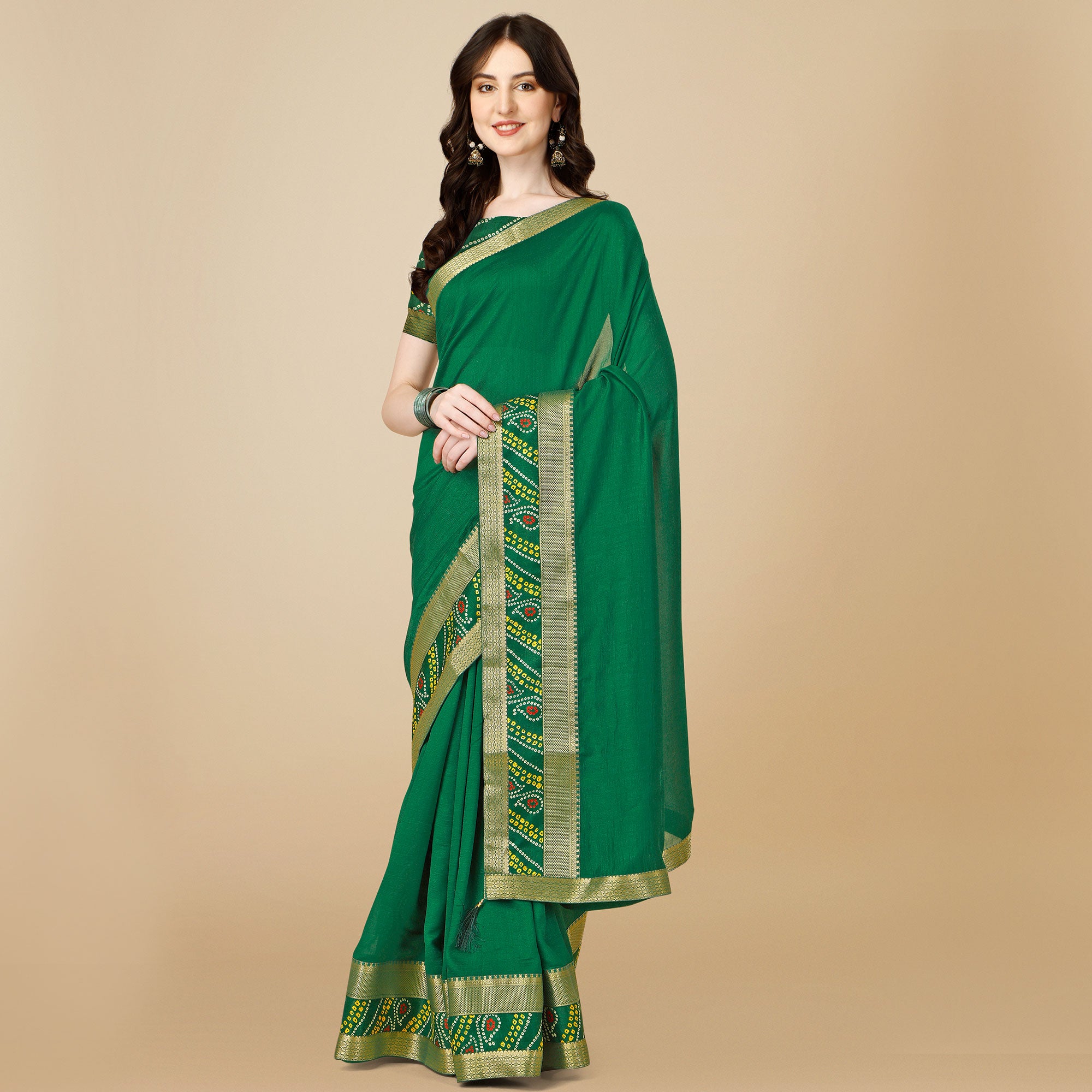 Green Solid Vichitra Silk Saree