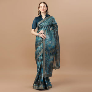 Blue Foil Printed Lycra Saree With Lace Border
