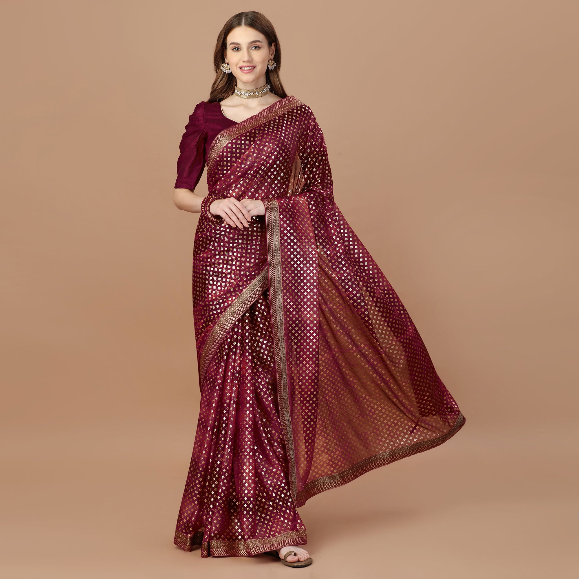 Maroon Foil Printed Lycra Saree With Lace Border