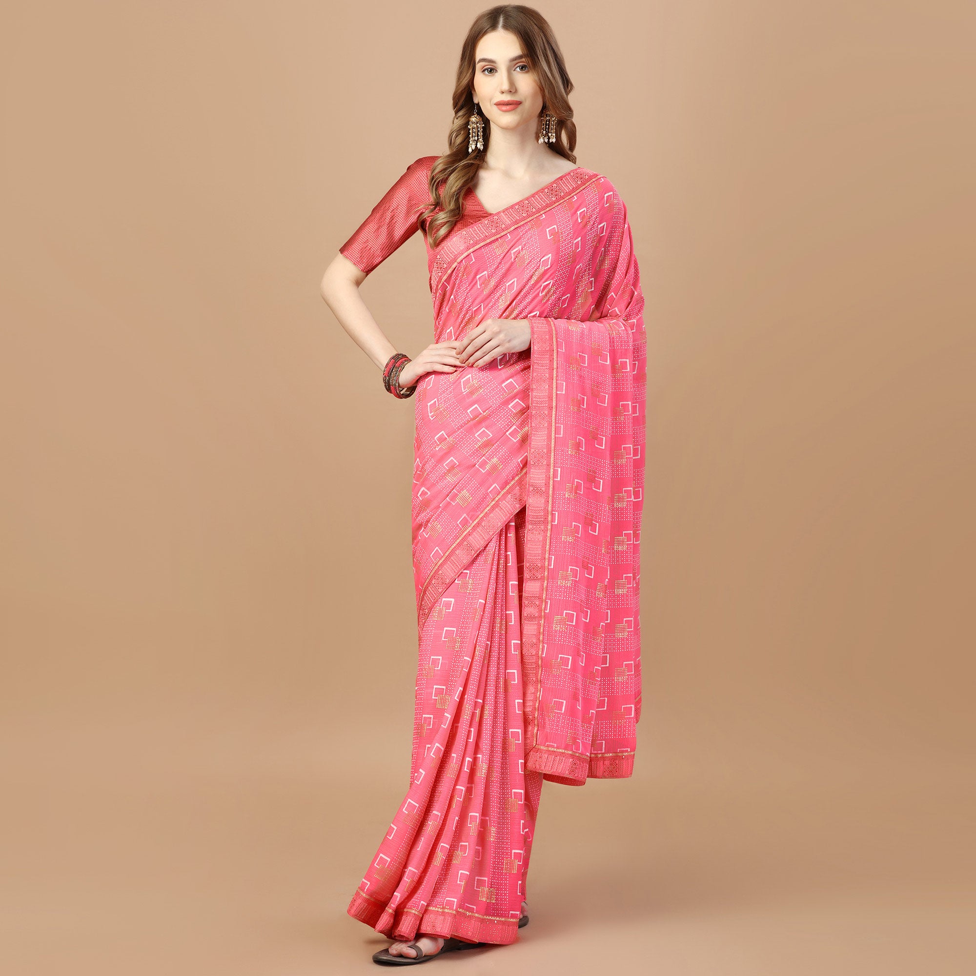 Baby Pink Foil Printed Chiffon Saree With Lace Border