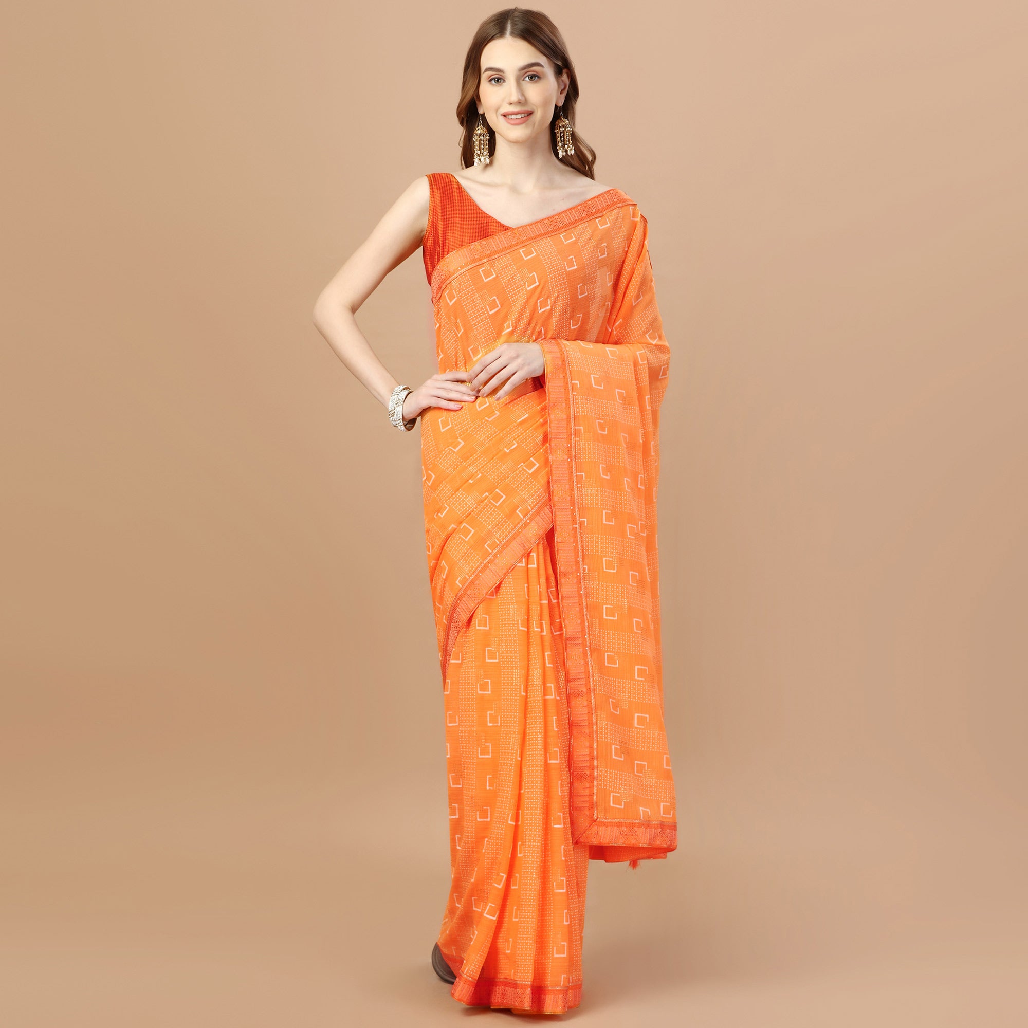 Orange Foil Printed Chiffon Saree With Lace Border