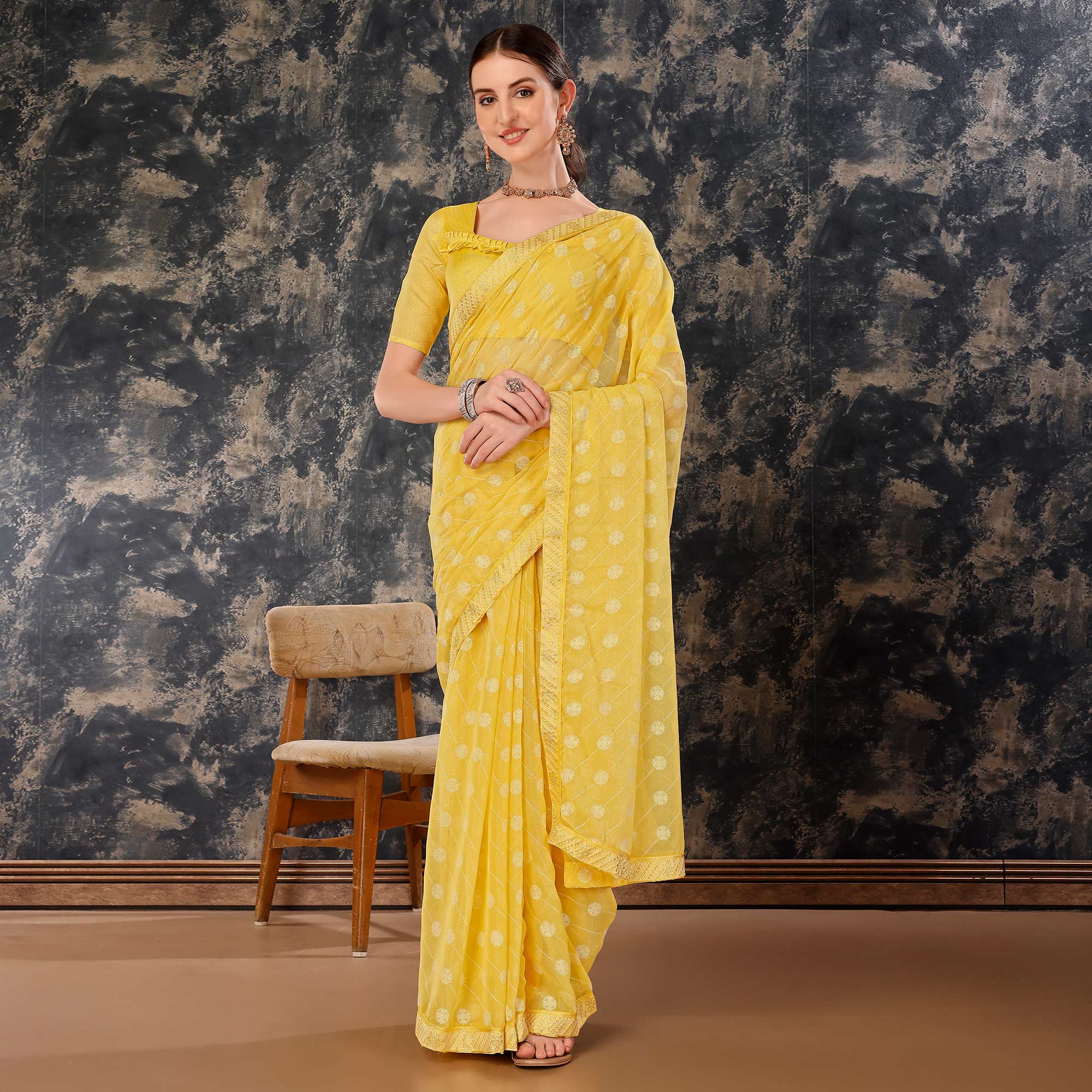 Yellow Printed Chiffon Saree With Lace Border