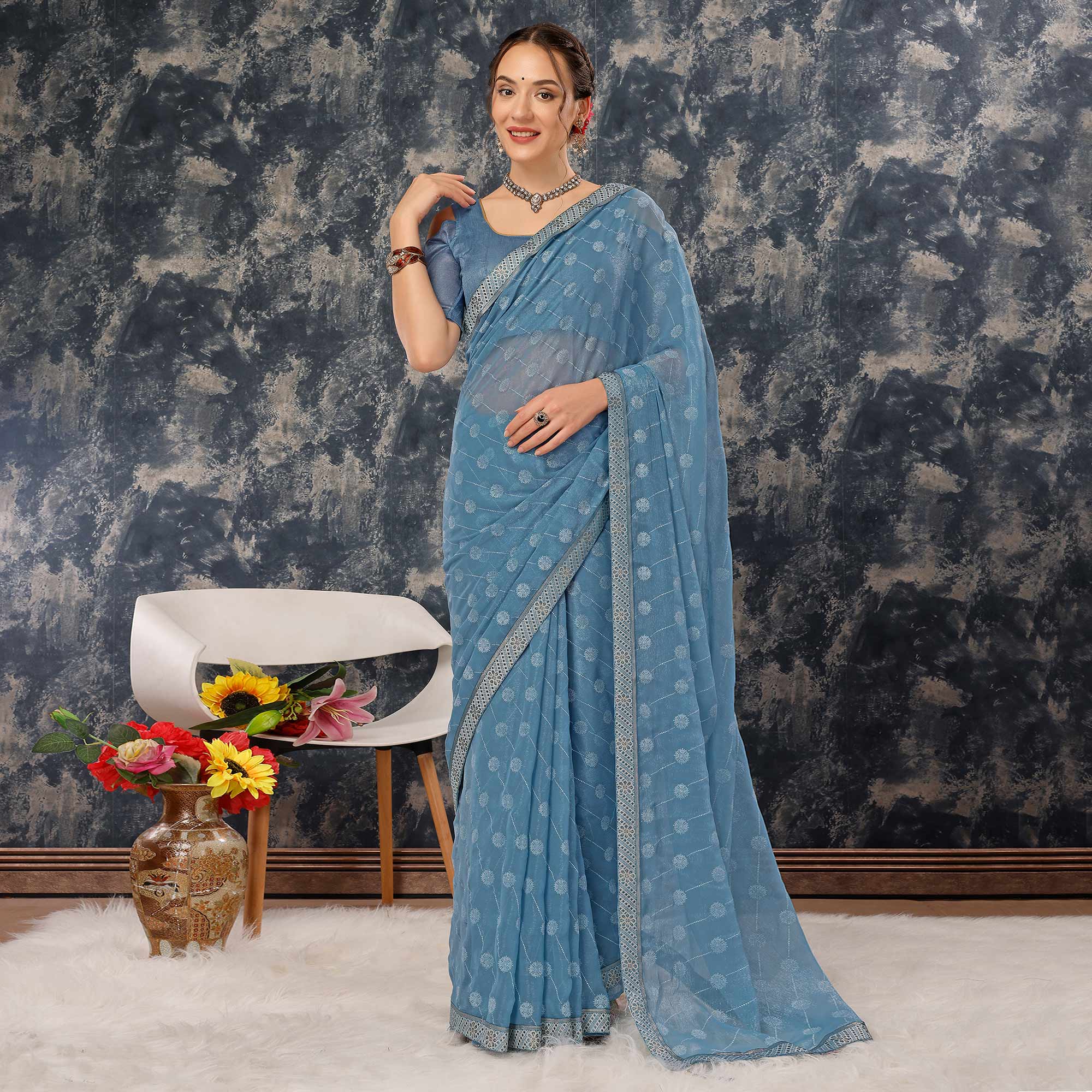 Greyish Blue Printed Chiffon Saree With Lace Border