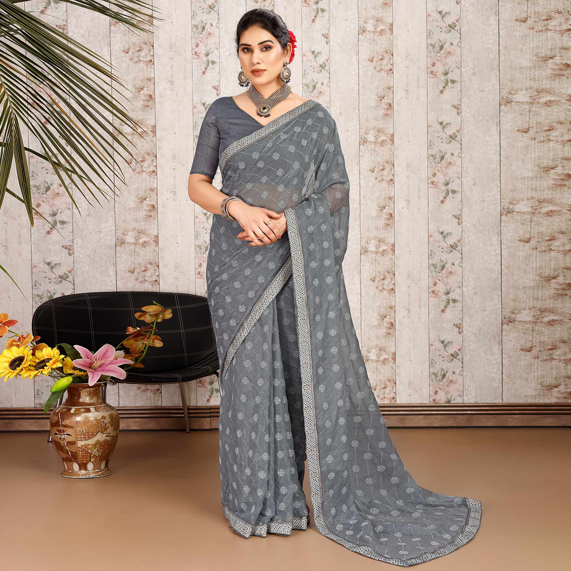 Grey Printed Chiffon Saree With Lace Border