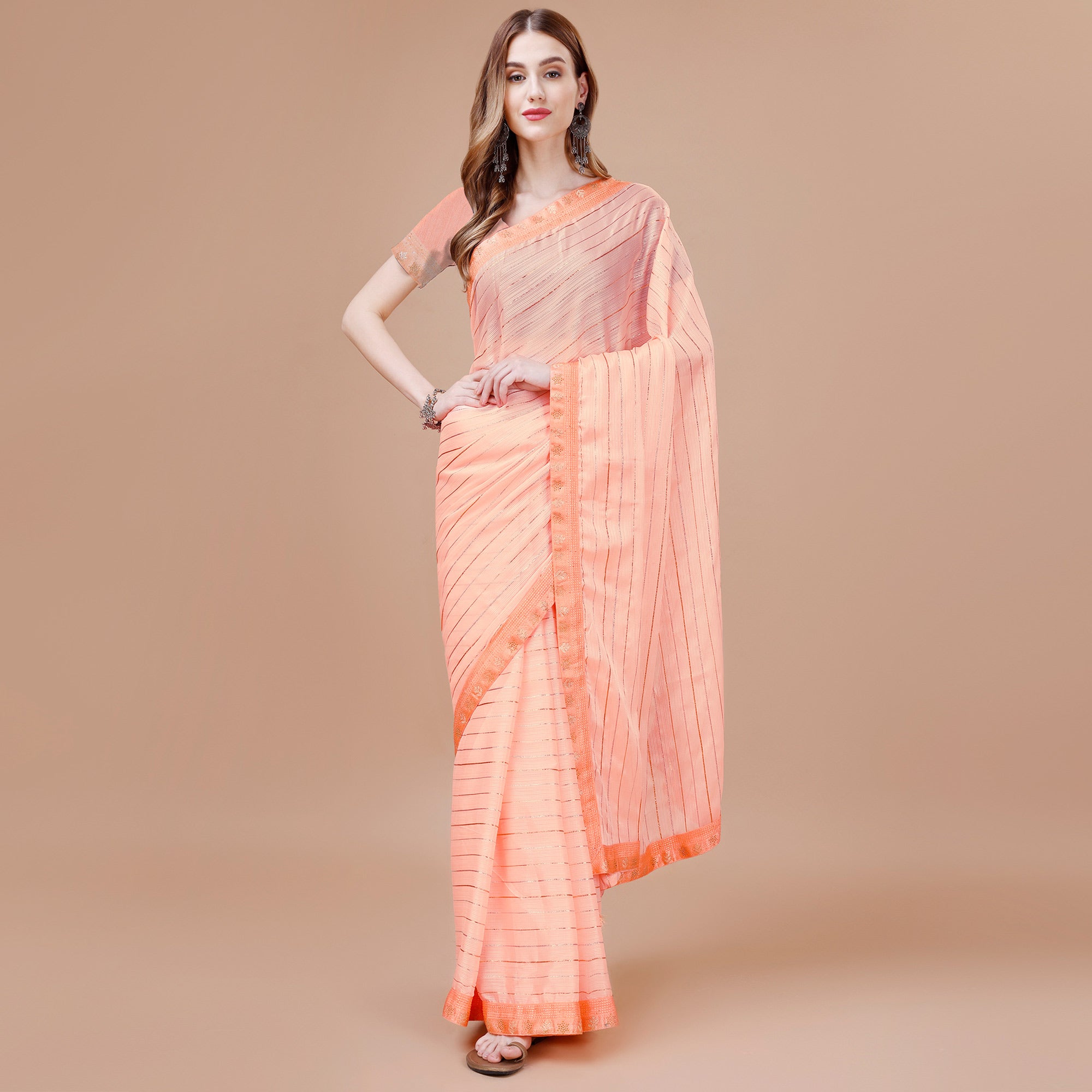 Peach Zari Work Chiffon Saree