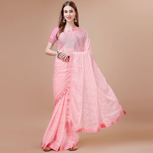 Baby Pink Zari Work Chiffon Saree