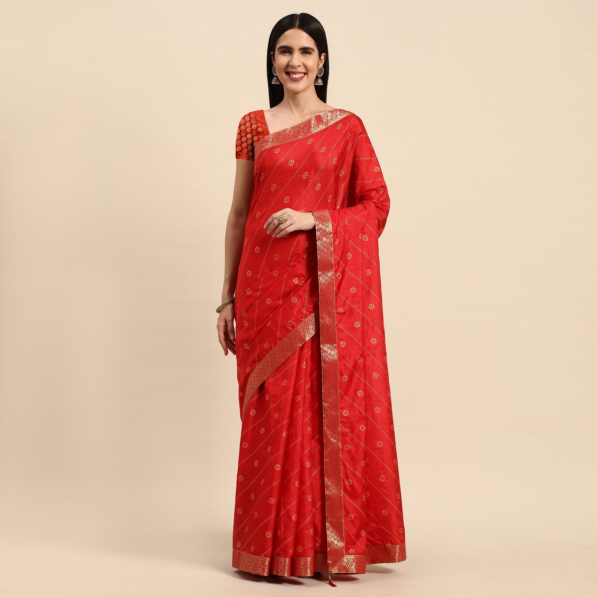 Red Floral Foil Printed Vichitra Silk Saree