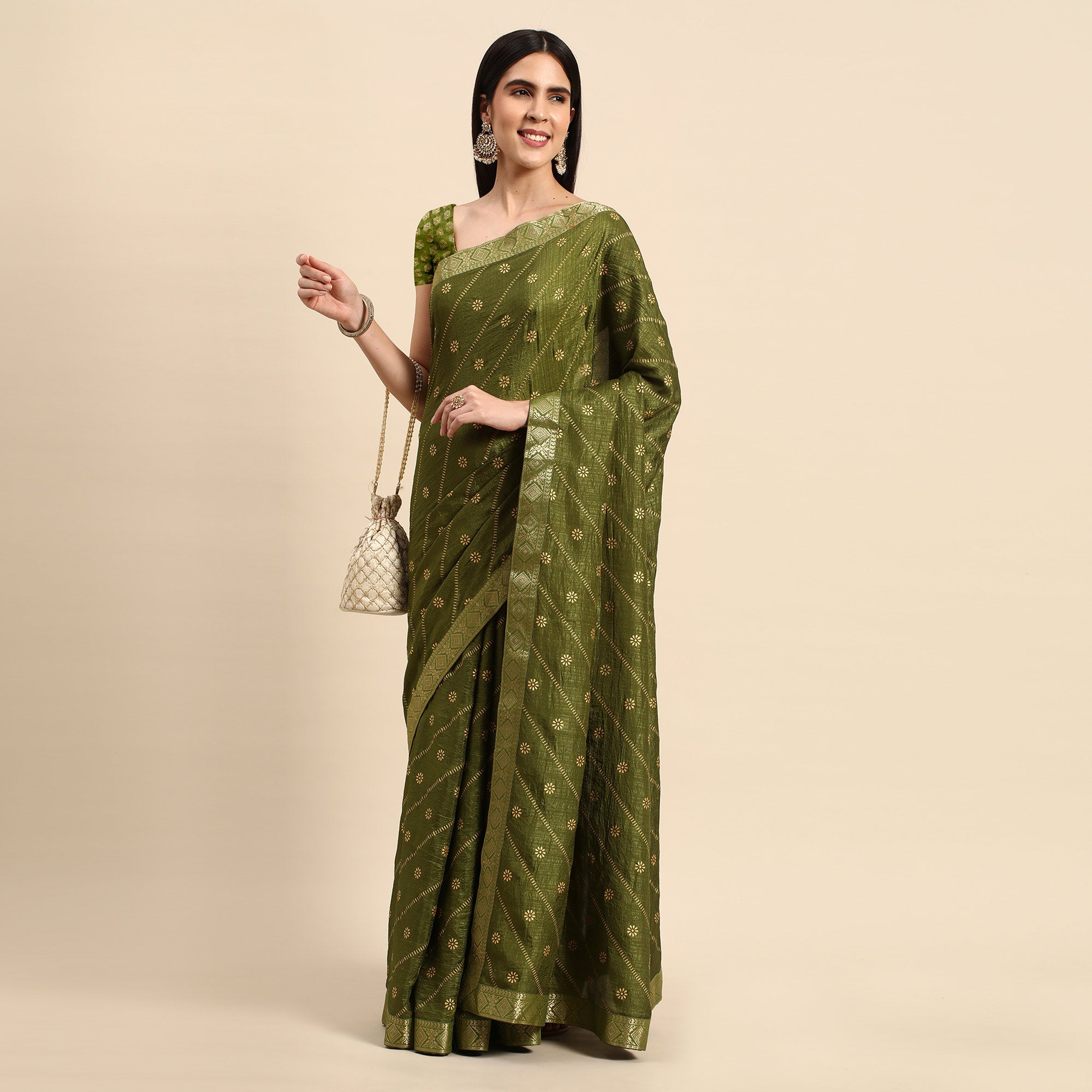 Mehendi Green Floral Foil Printed Vichitra Silk Saree