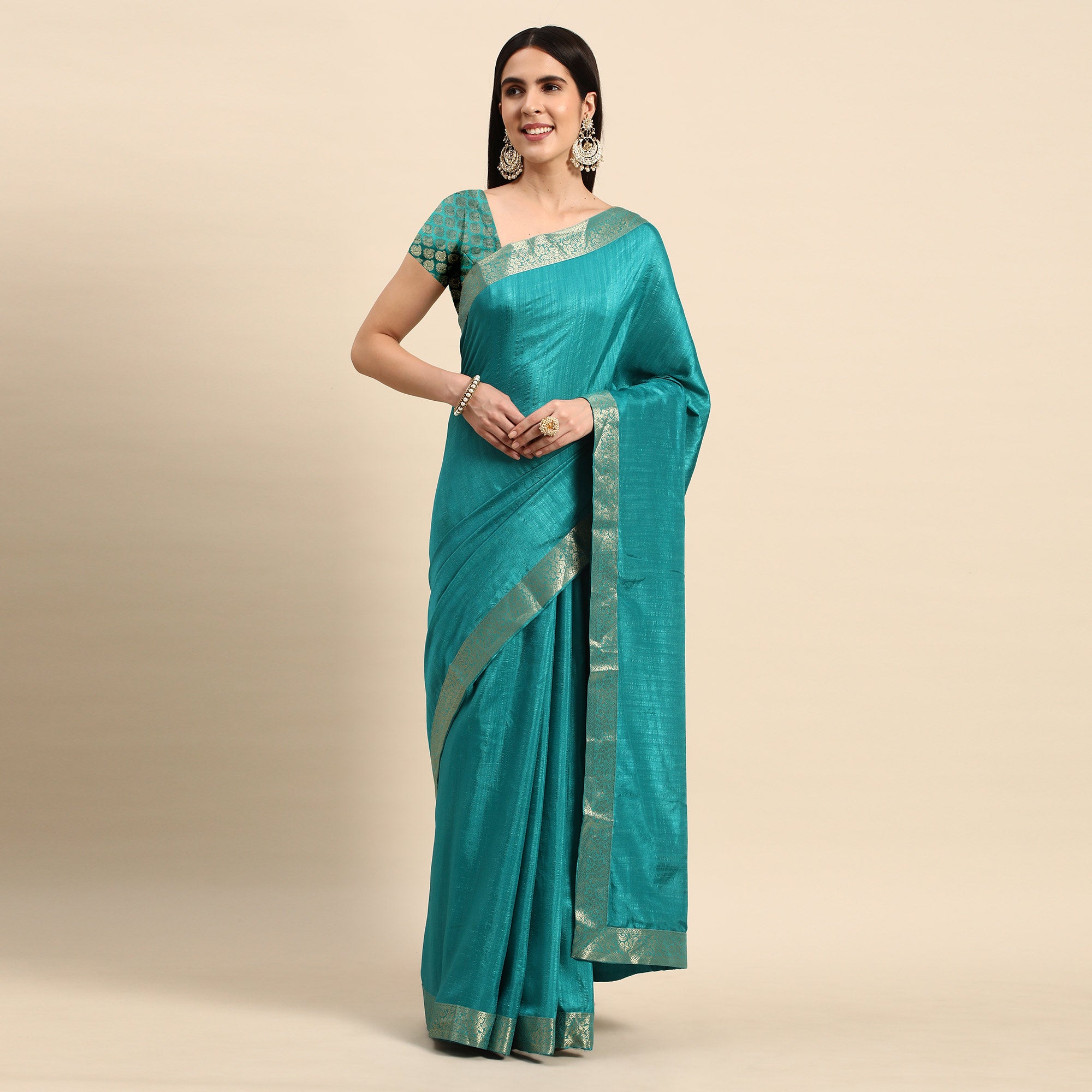 Rama Blue Solid Vichitra Silk Saree With Fancy Zari Border