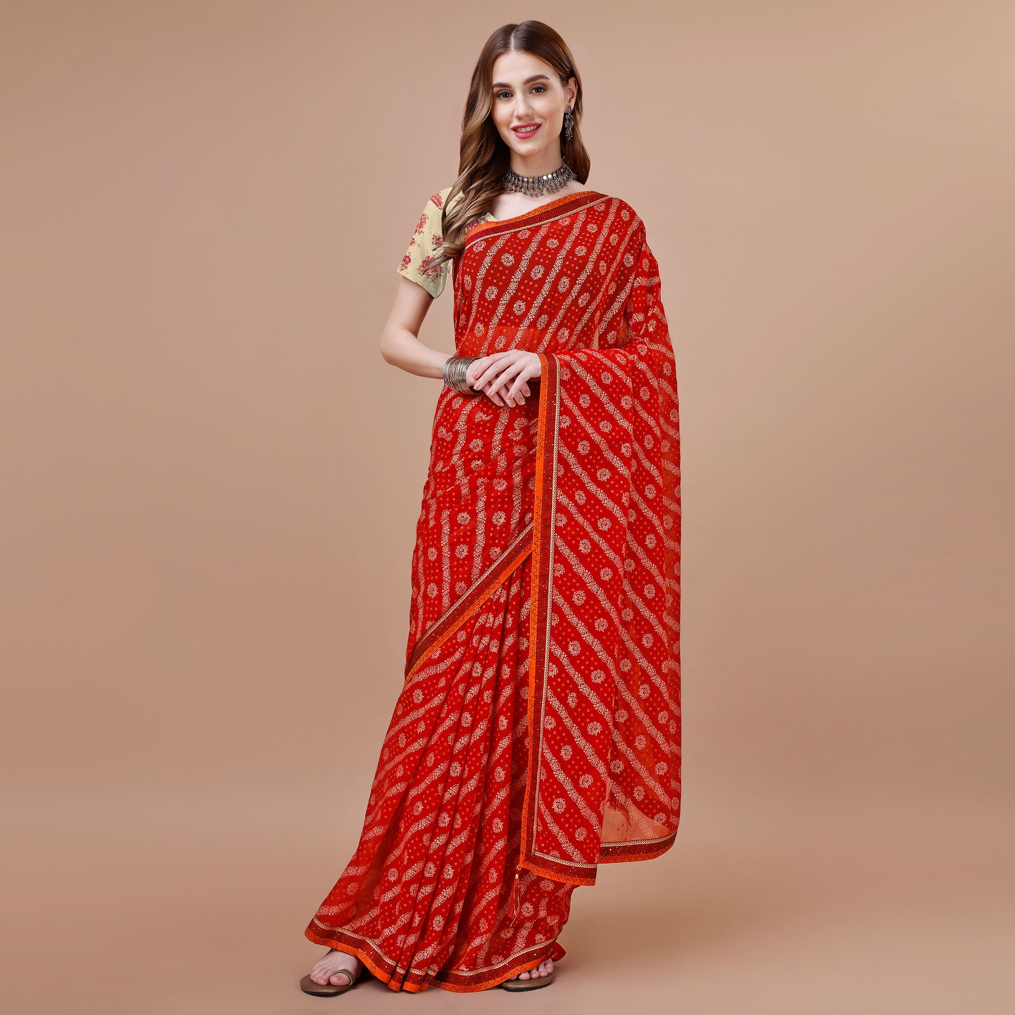 Red Floral Foil Printed Chiffon Saree With Lace Border