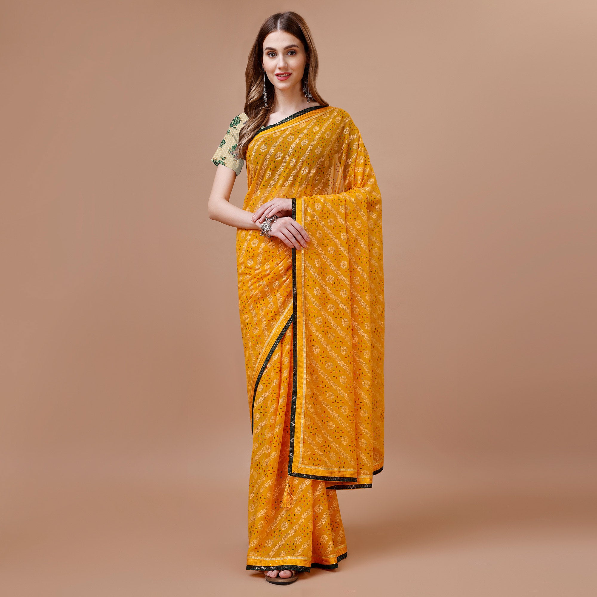 Yellow Floral Foil Printed Chiffon Saree With Lace Border