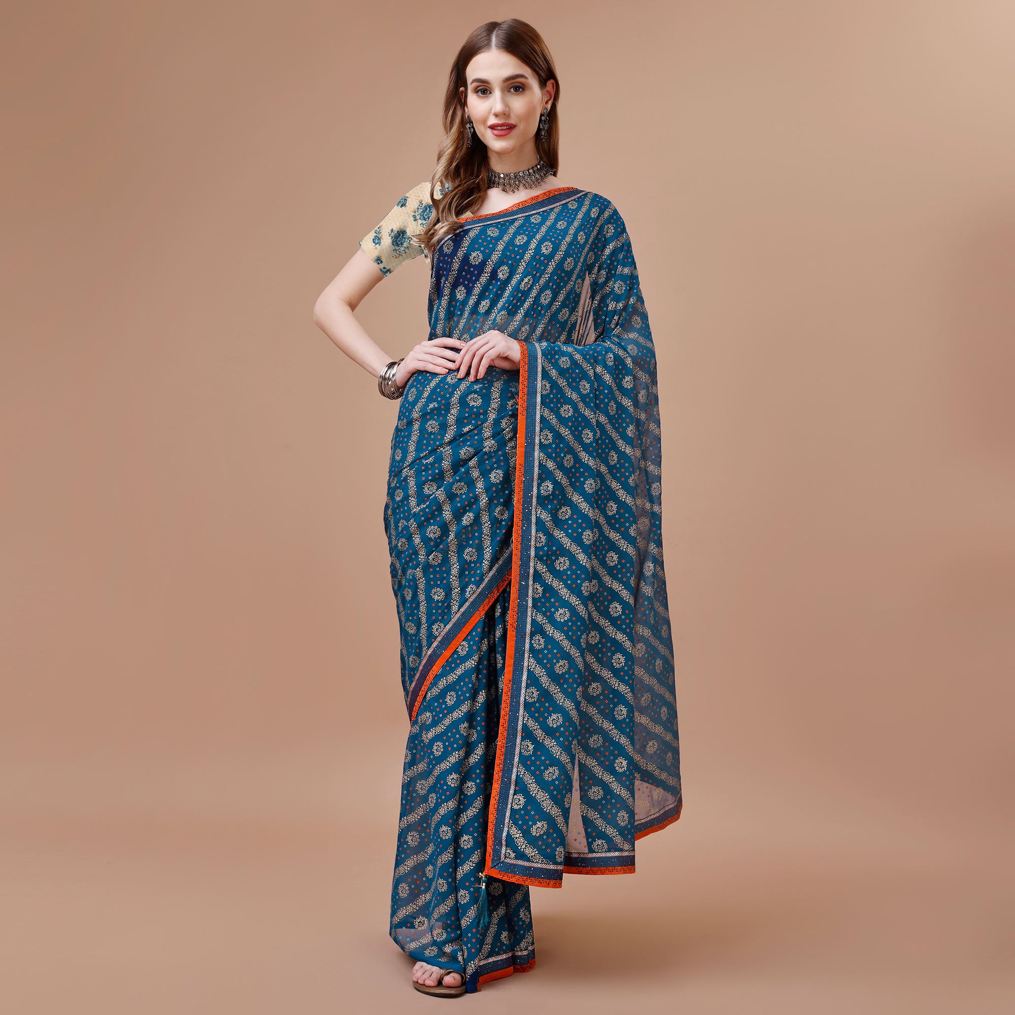 Blue Floral Foil Printed Chiffon Saree With Lace Border