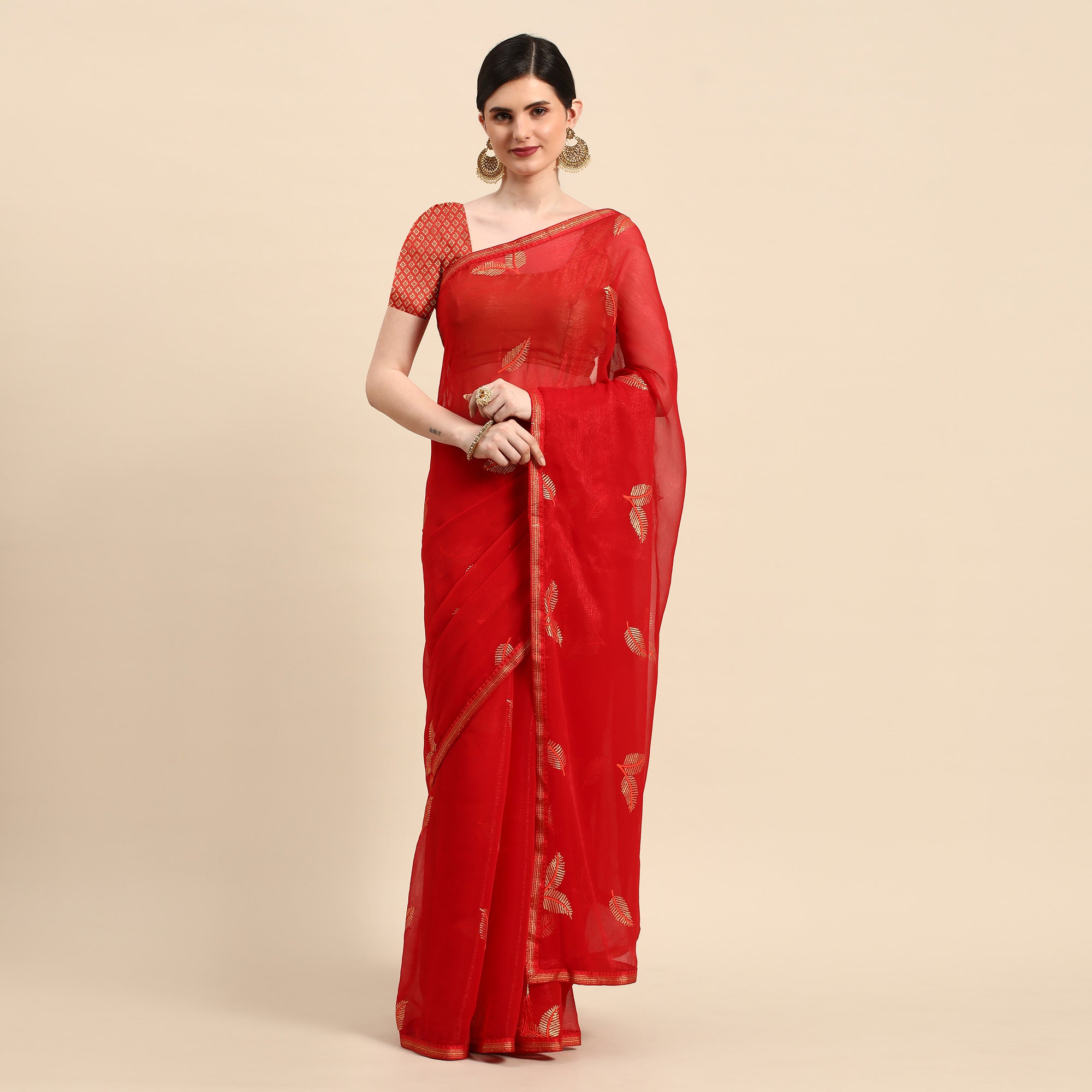 Red Sequins Embroidered Chiffon Saree With Tassels