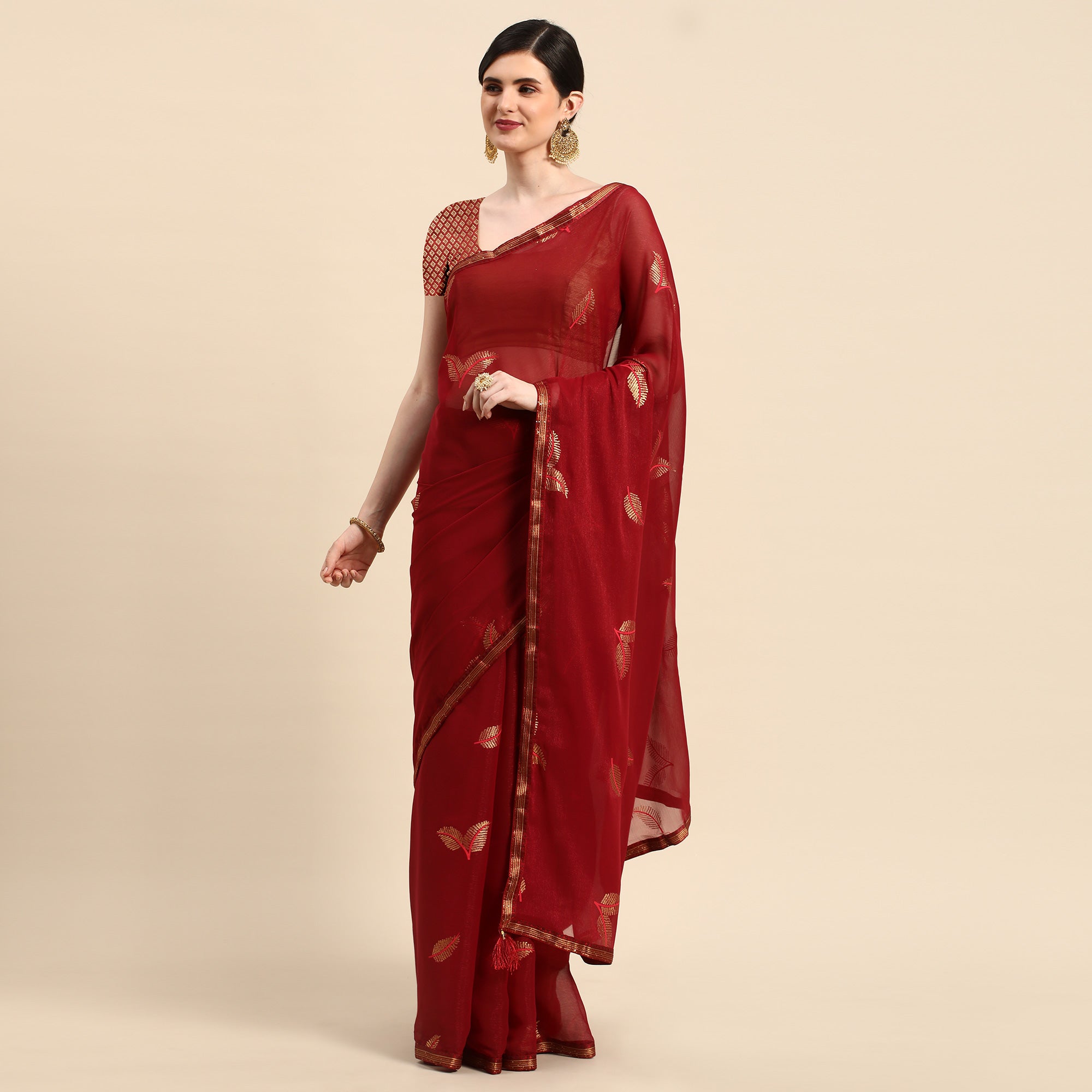 Maroon Sequins Embroidered Chiffon Saree With Tassels