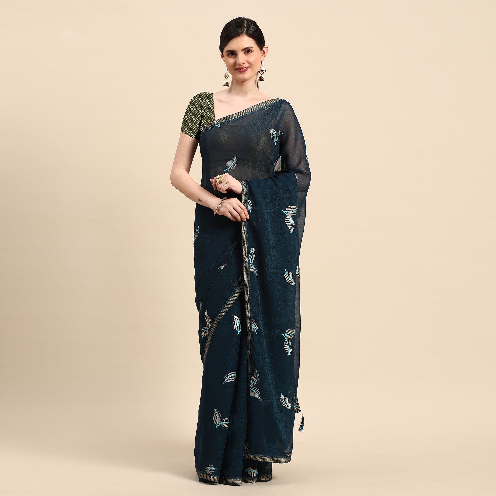 Blue Sequins Embroidered Chiffon Saree With Tassels