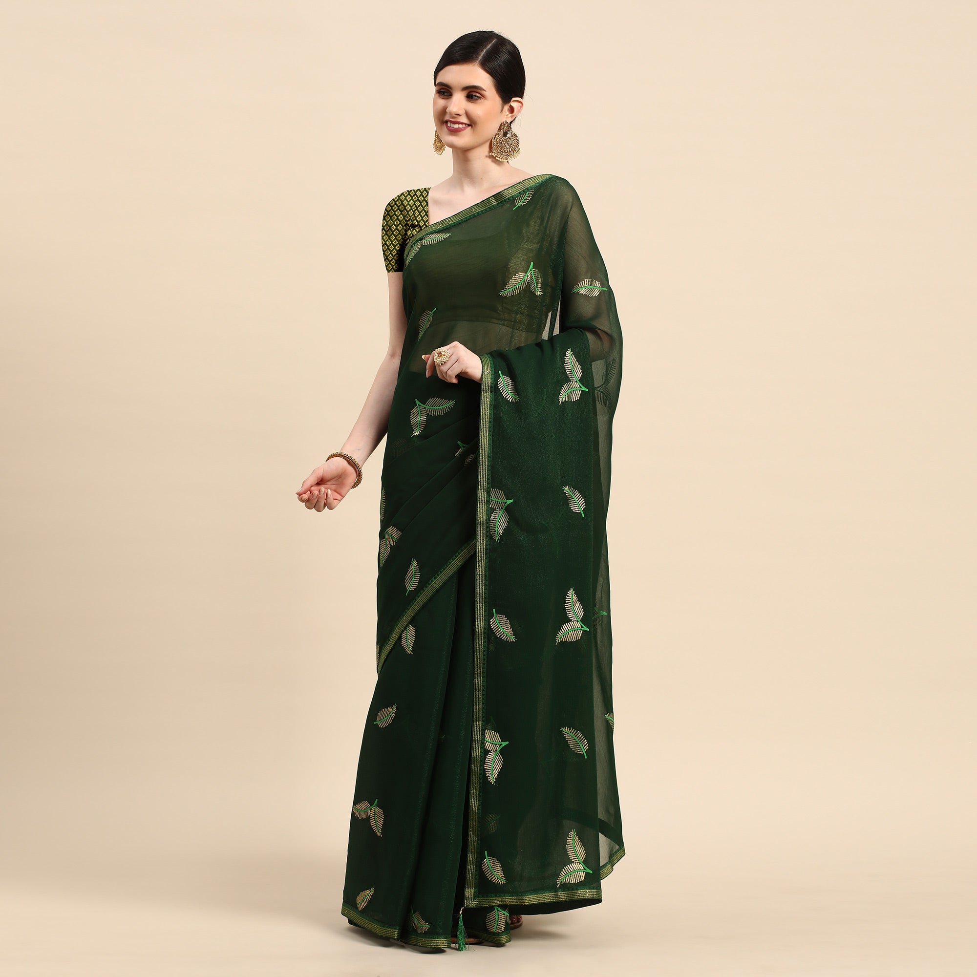 Green Sequins Embroidered Chiffon Saree With Tassels