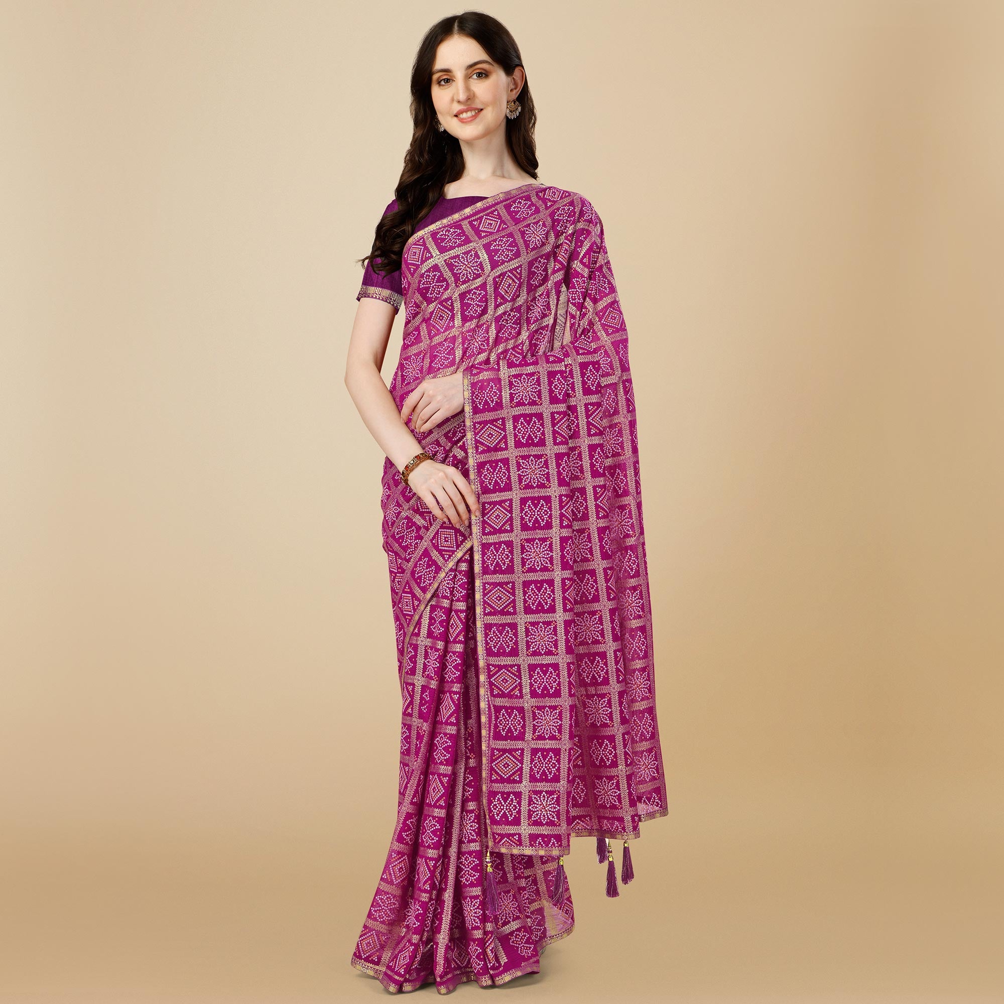 Purple Bandhani Foil Printed Zomato Saree With Tassels