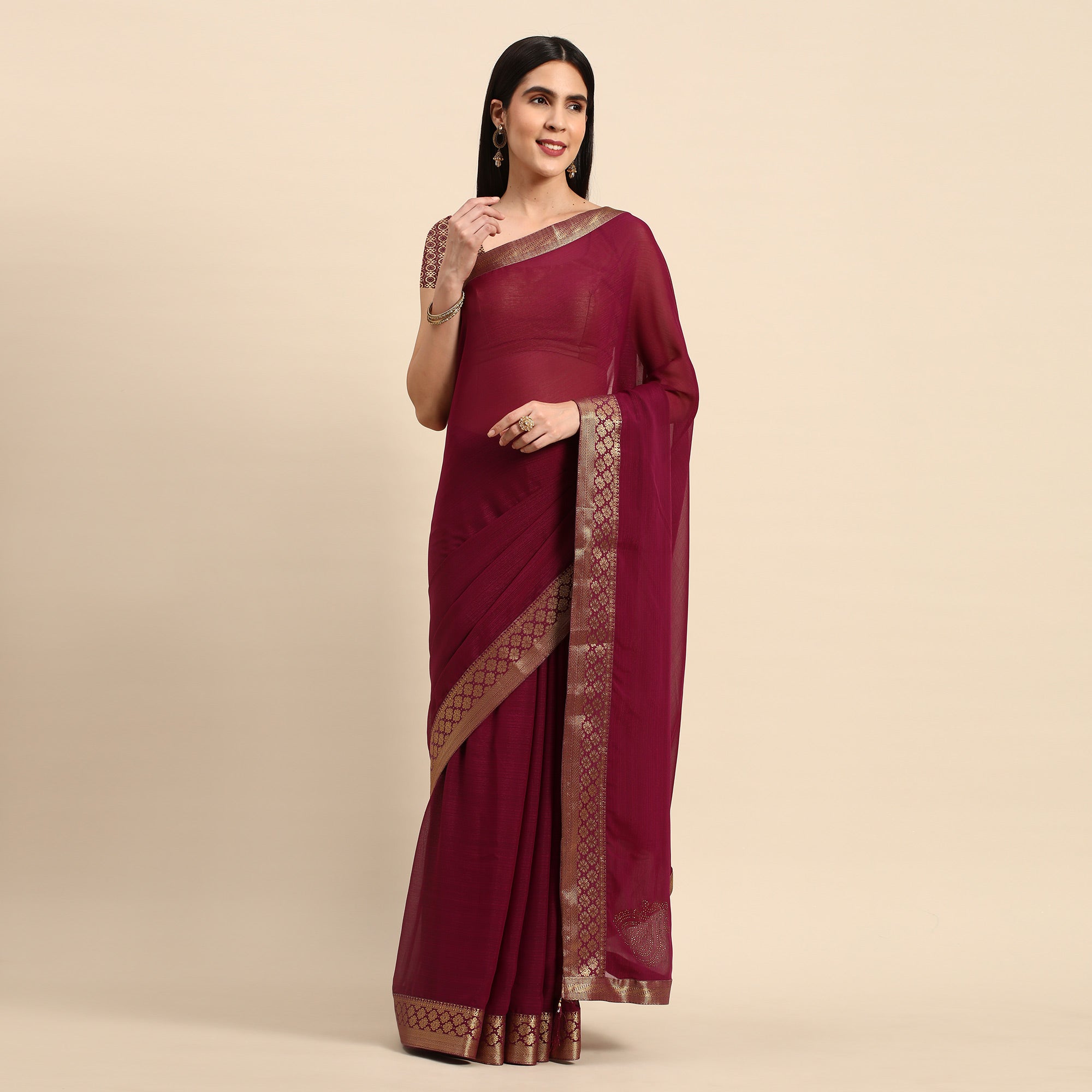 Wine Swarovski Work Chiffon Saree With Zari Border