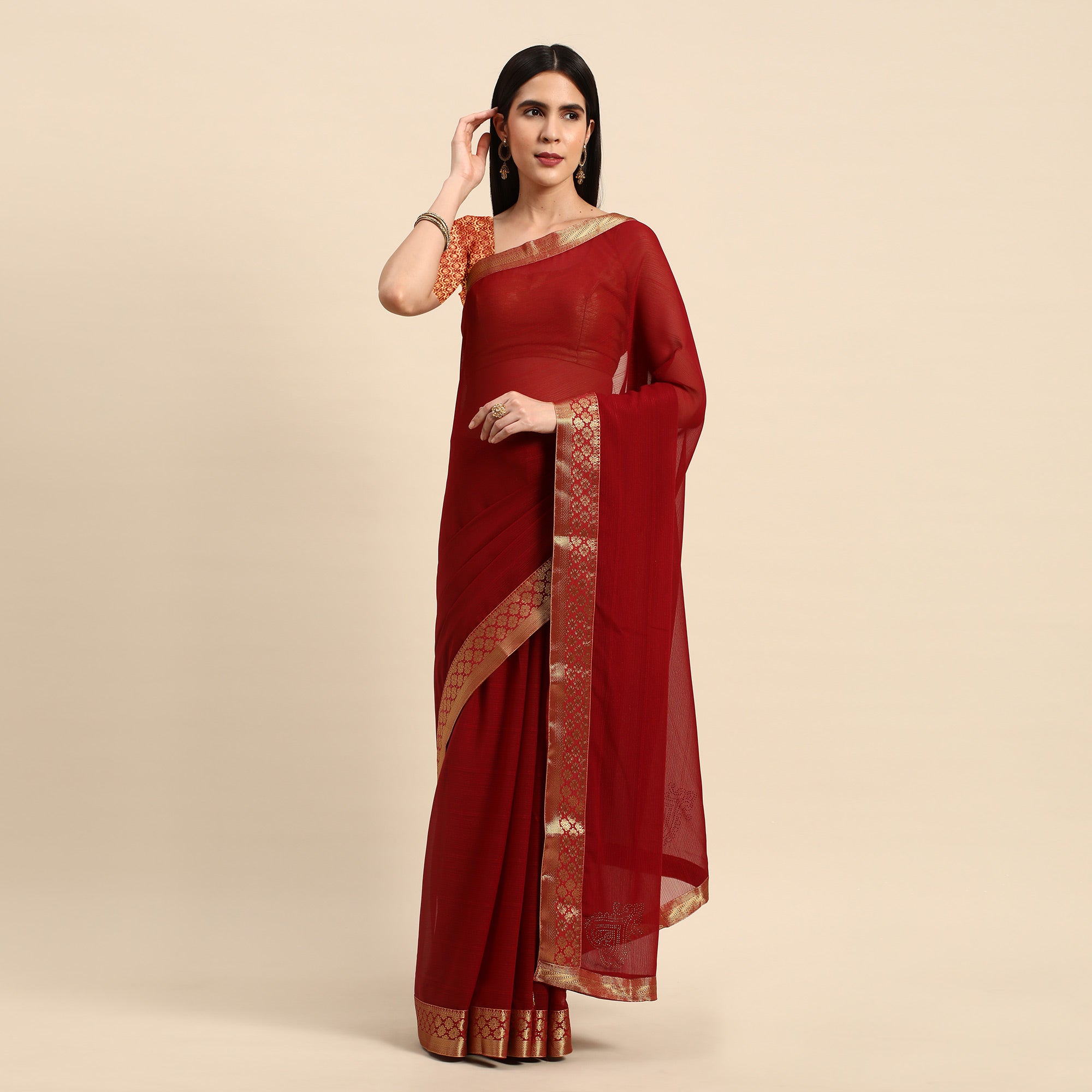 Maroon Swarovski Work Chiffon Saree With Zari Border