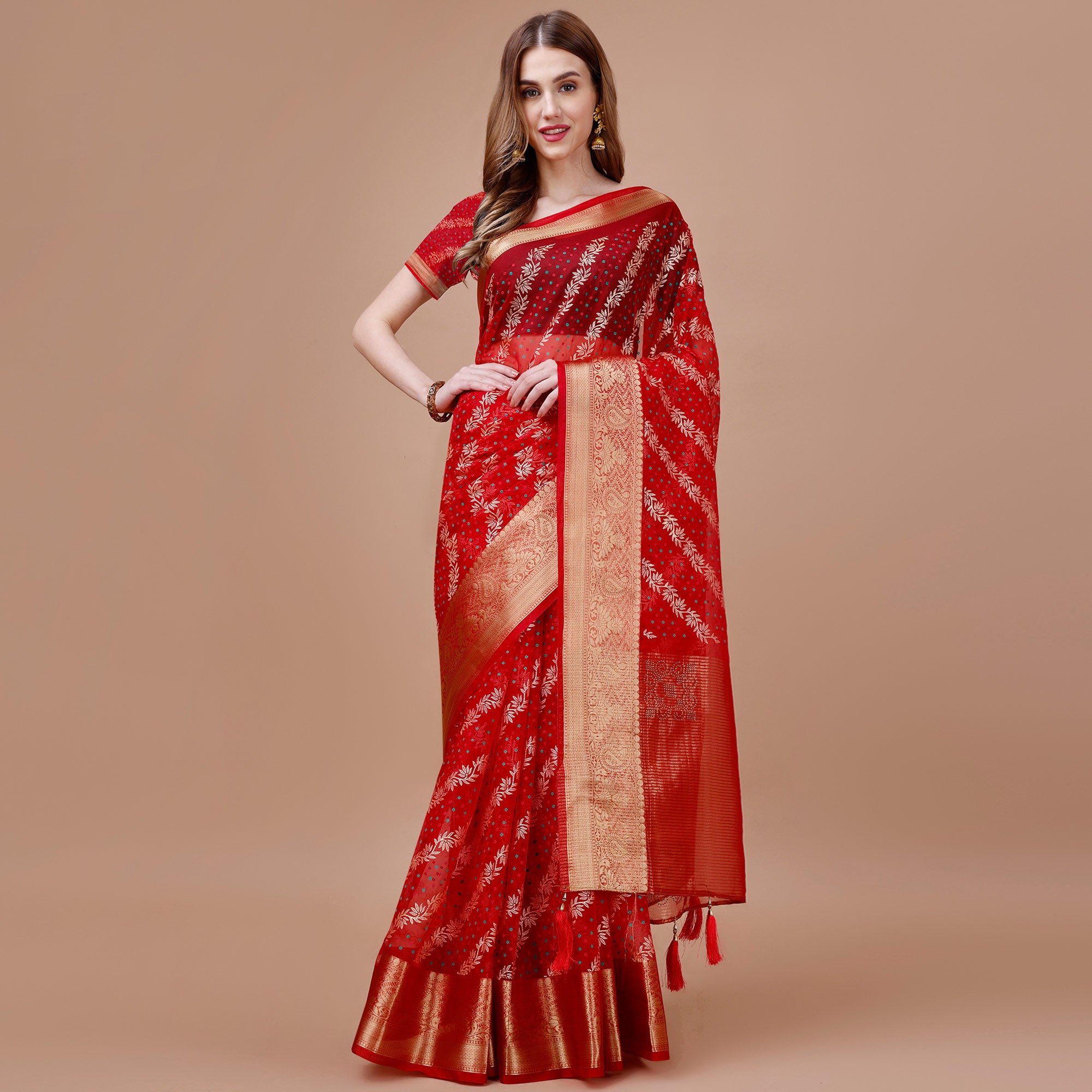 Red Foil Printed Organza Saree With Woven Border