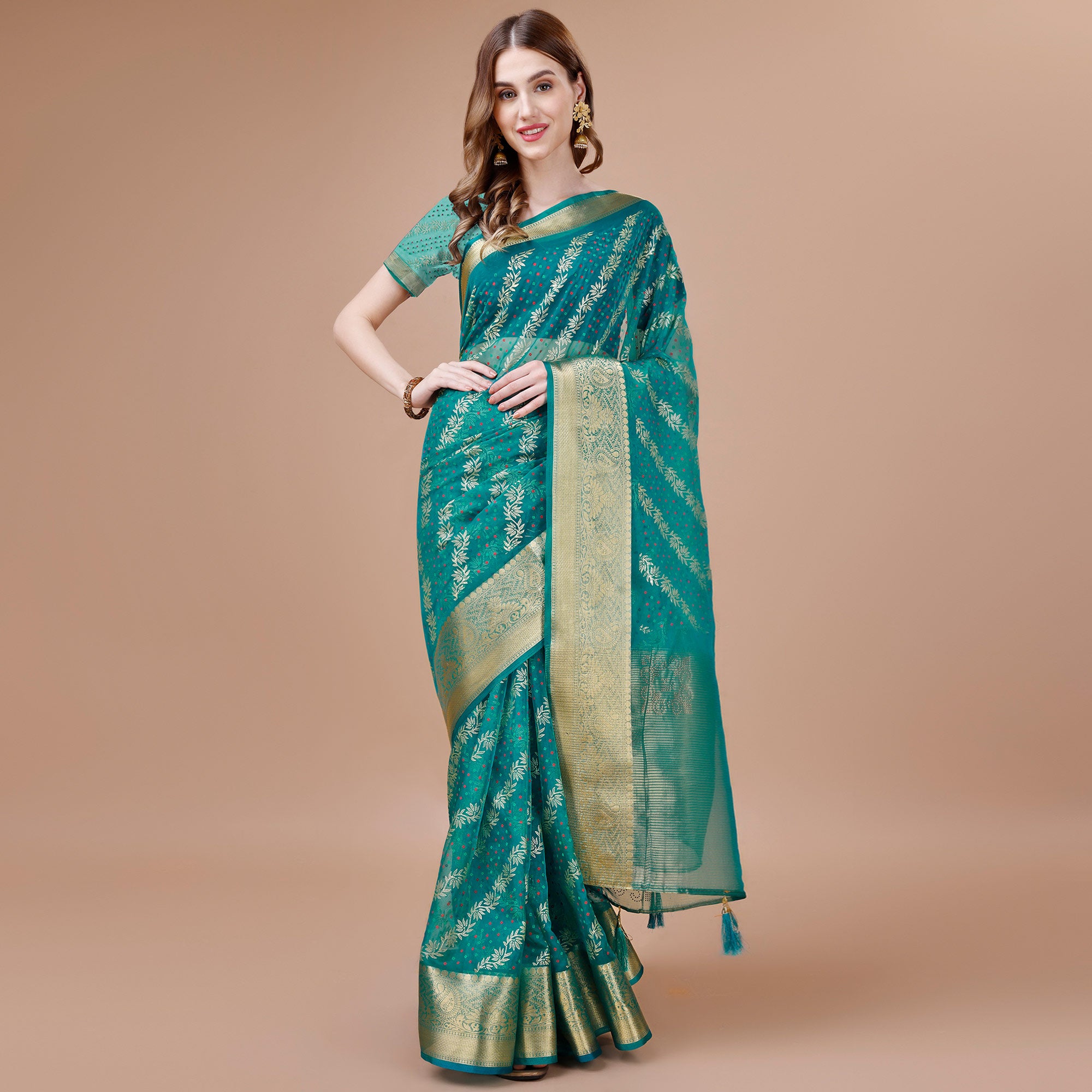 Rama Blue Foil Printed Organza Saree With Woven Border