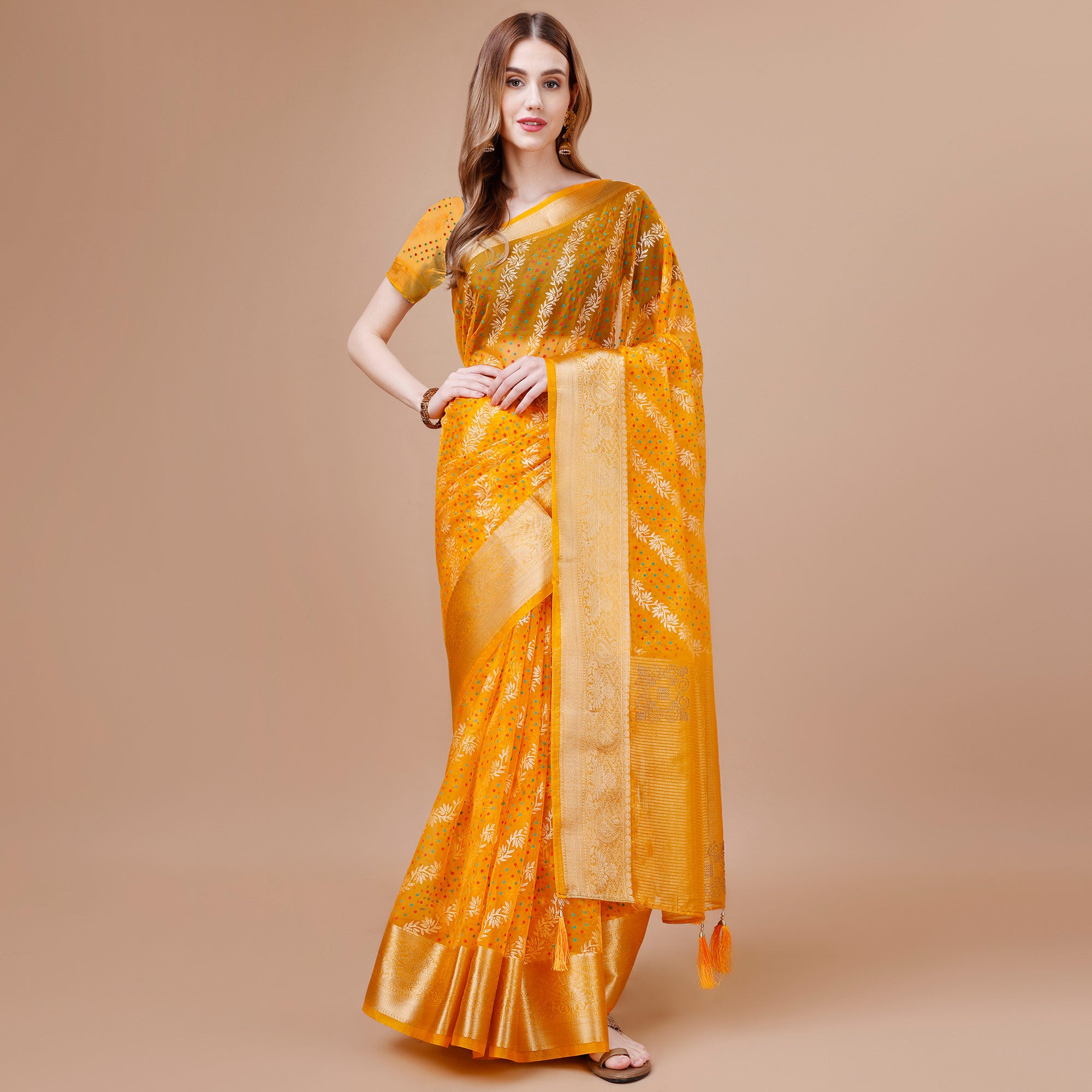 Yellow Foil Printed Organza Saree With Woven Border