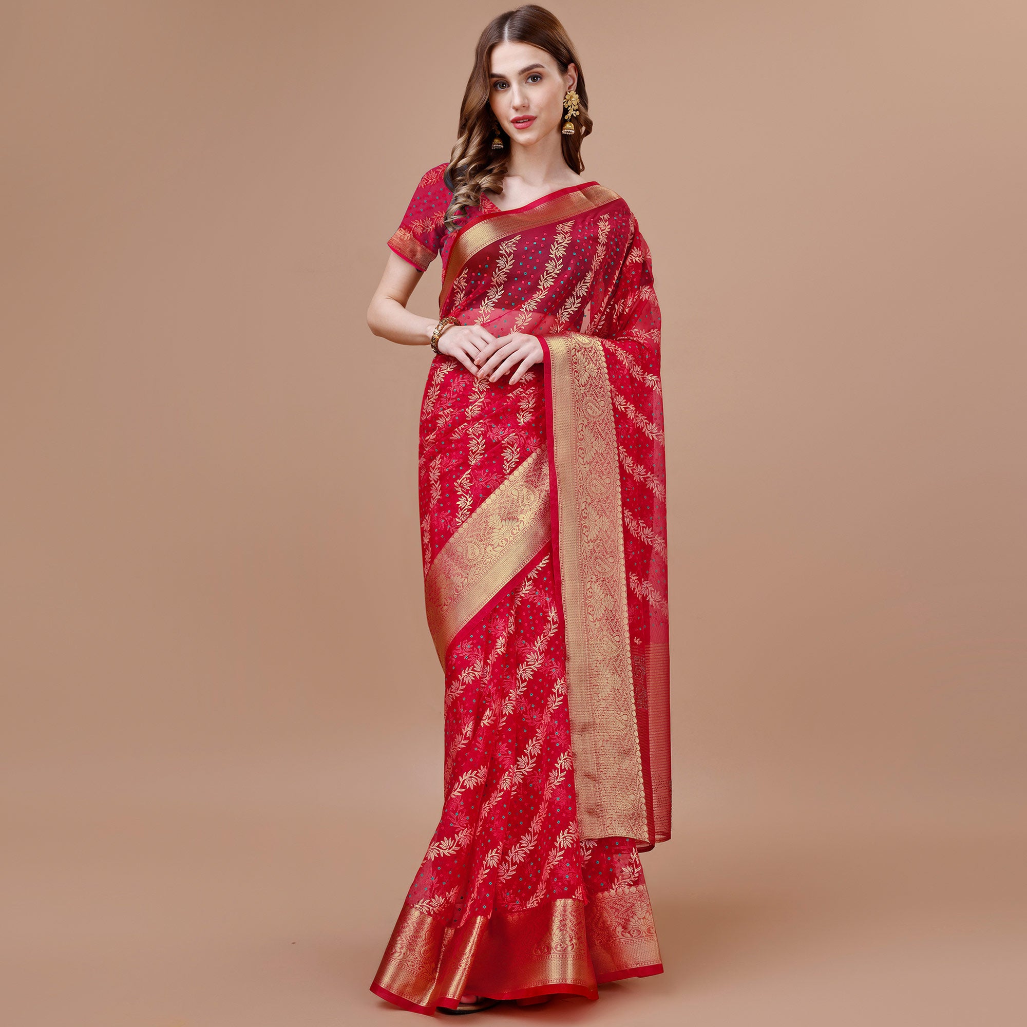 Pink Foil Printed Organza Saree With Woven Border