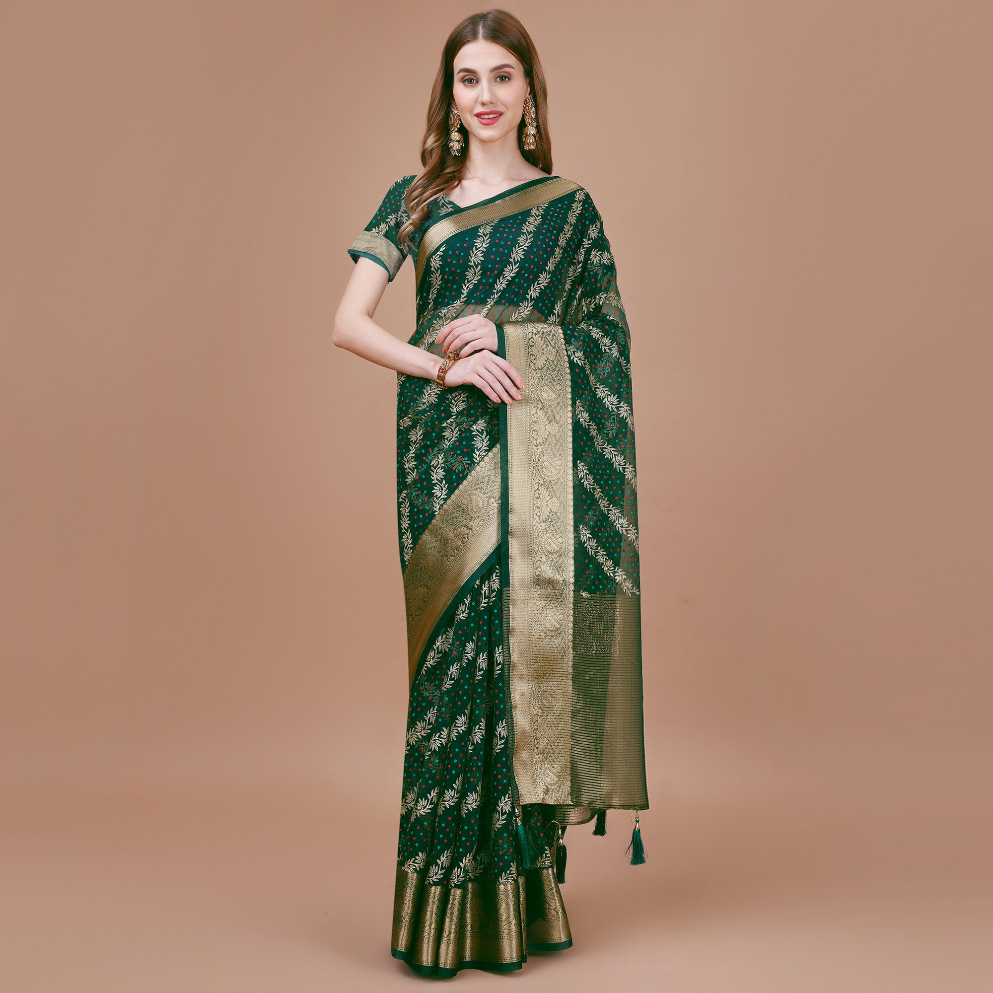 Green Foil Printed Organza Saree With Woven Border