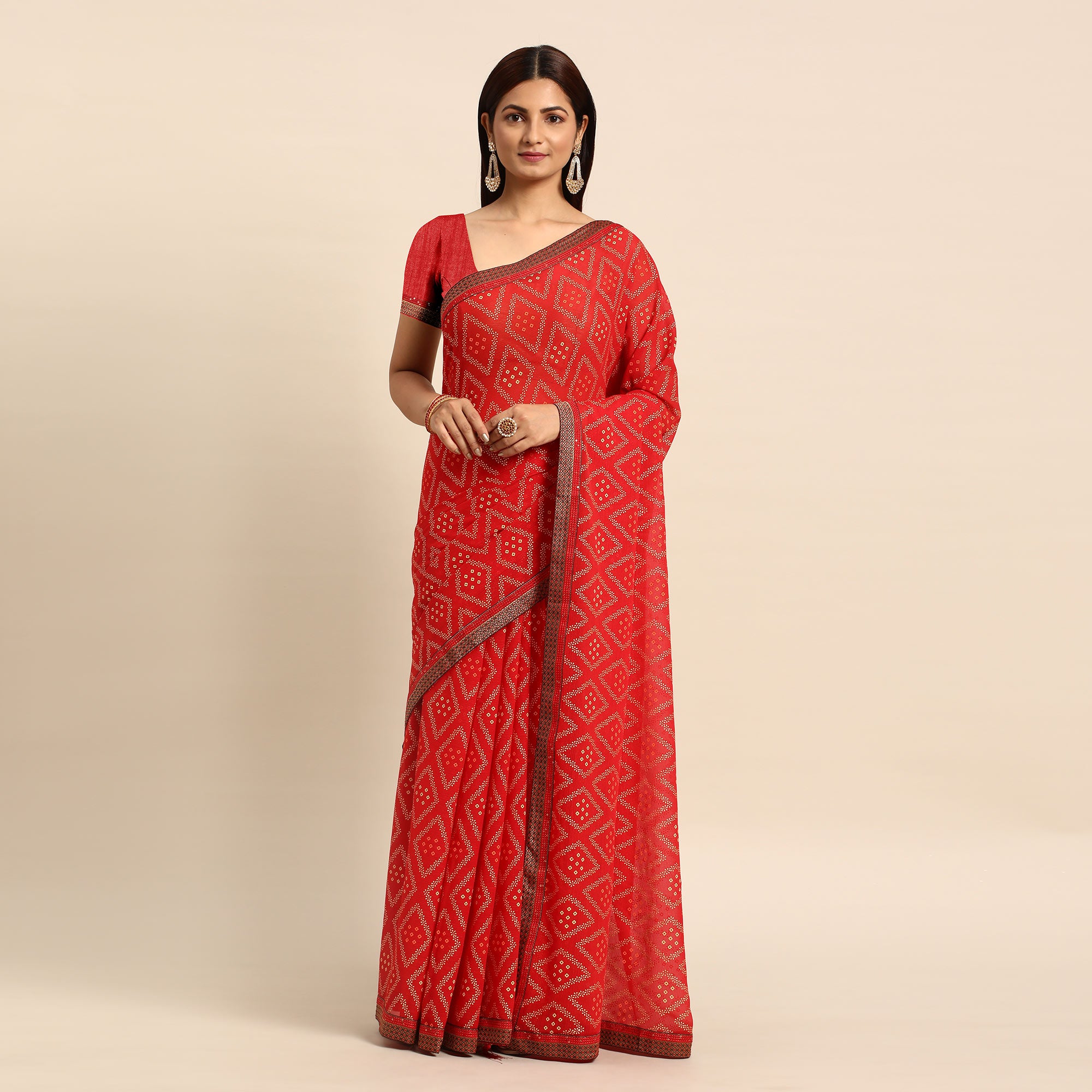 Red Floral Foil Printed Chiffon Saree With Tassels