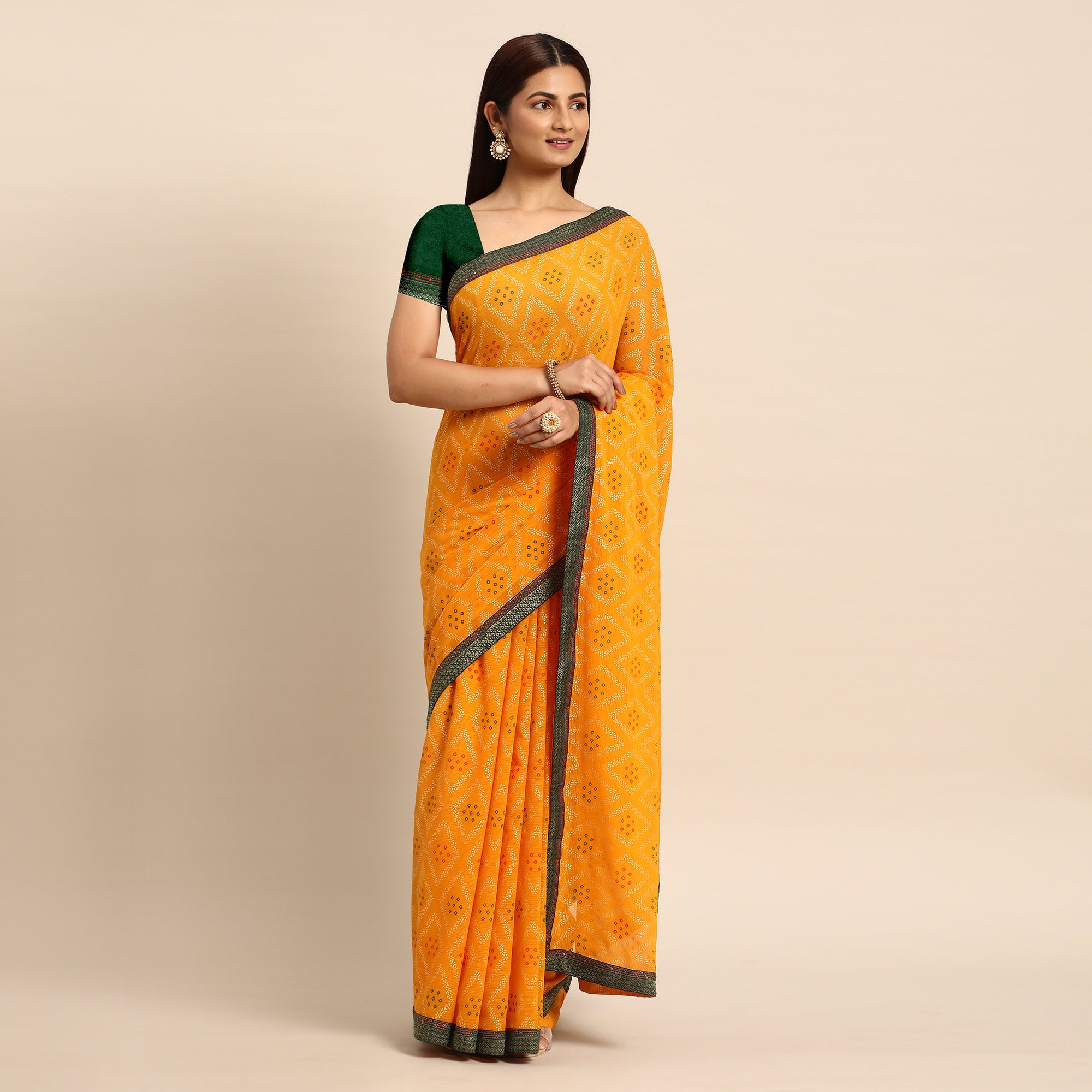 Yellow Floral Foil Printed Chiffon Saree With Tassels