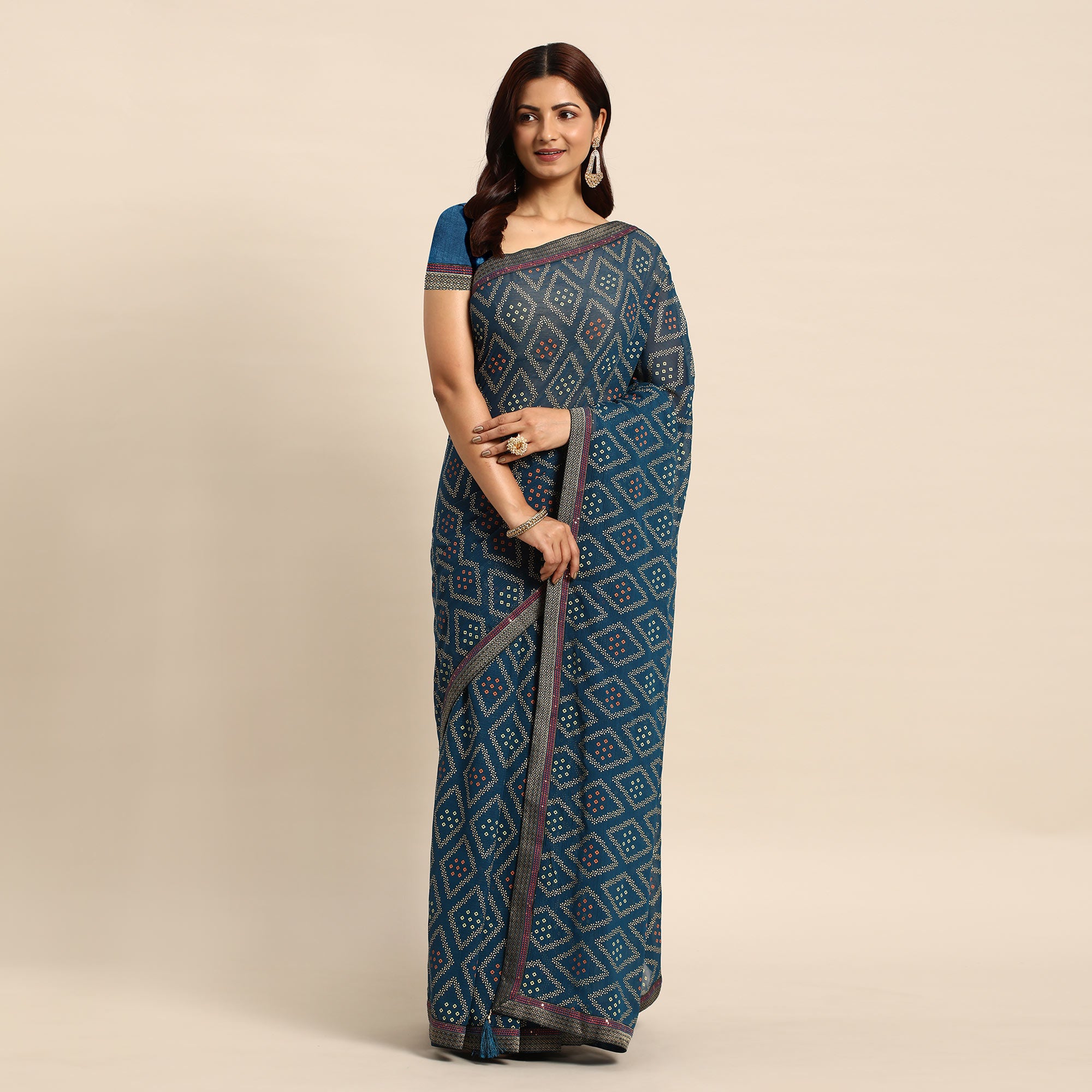 Teal Blue Floral Foil Printed Chiffon Saree With Tassels