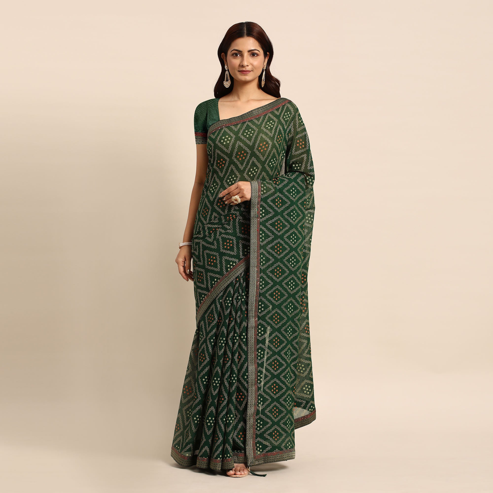 Green Floral Foil Printed Chiffon Saree With Tassels