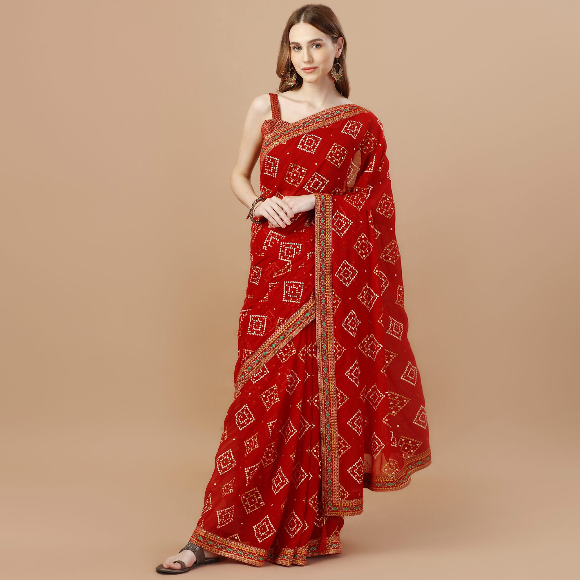 Red Bandhani Printed Chiffon Saree