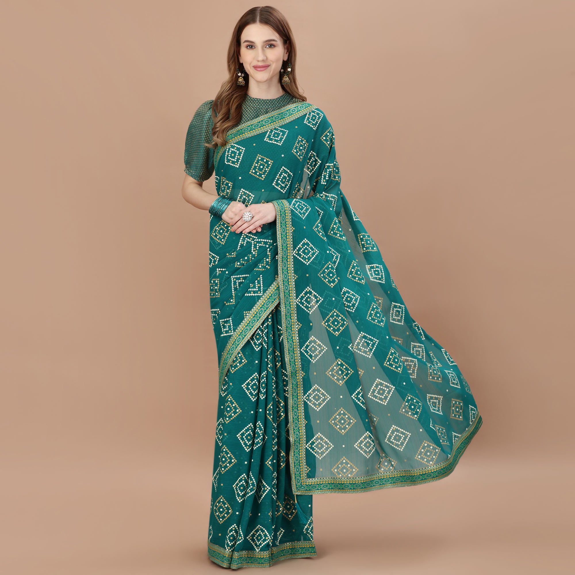 Teal Blue Bandhani Printed Chiffon Saree