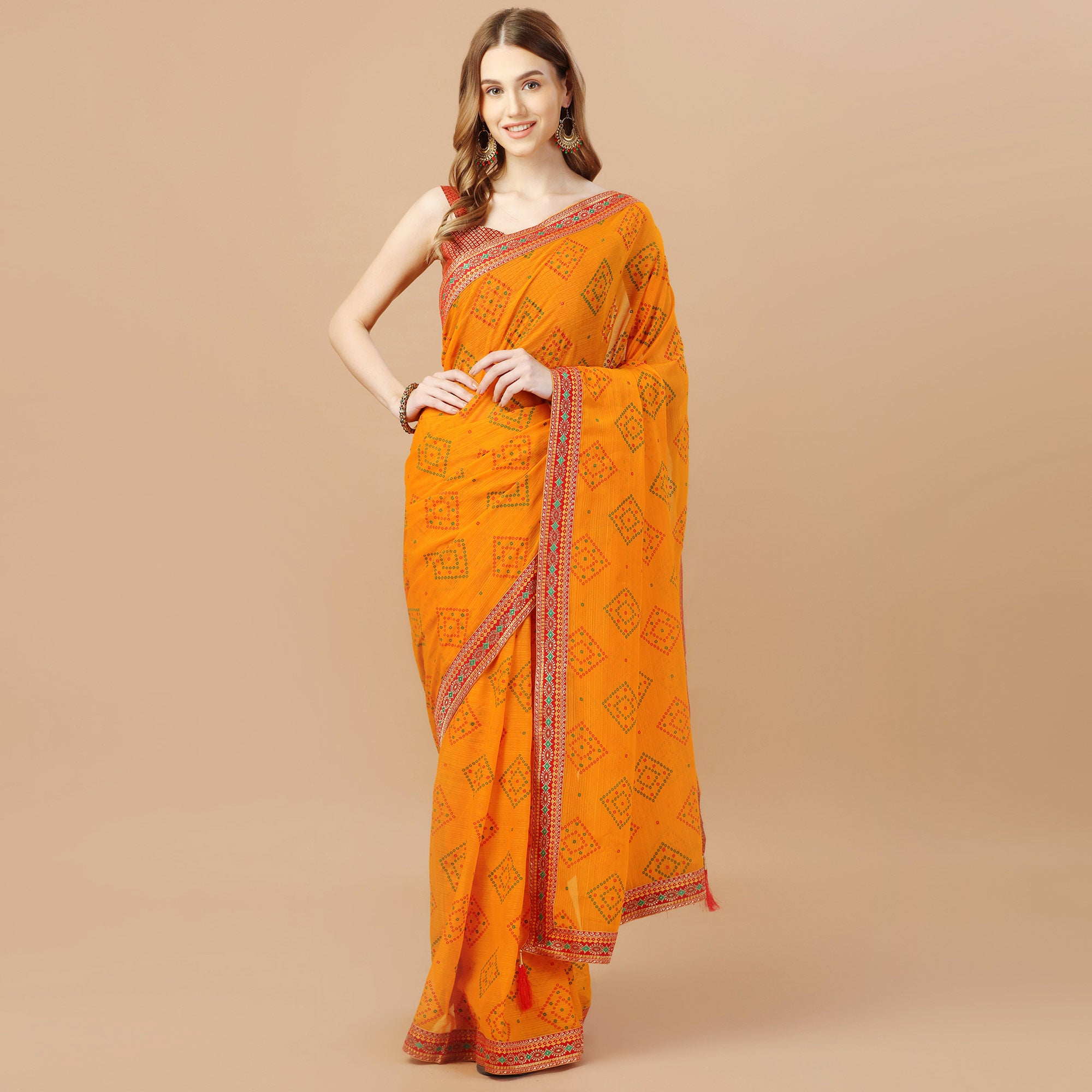 Yellow Bandhani Printed Chiffon Saree