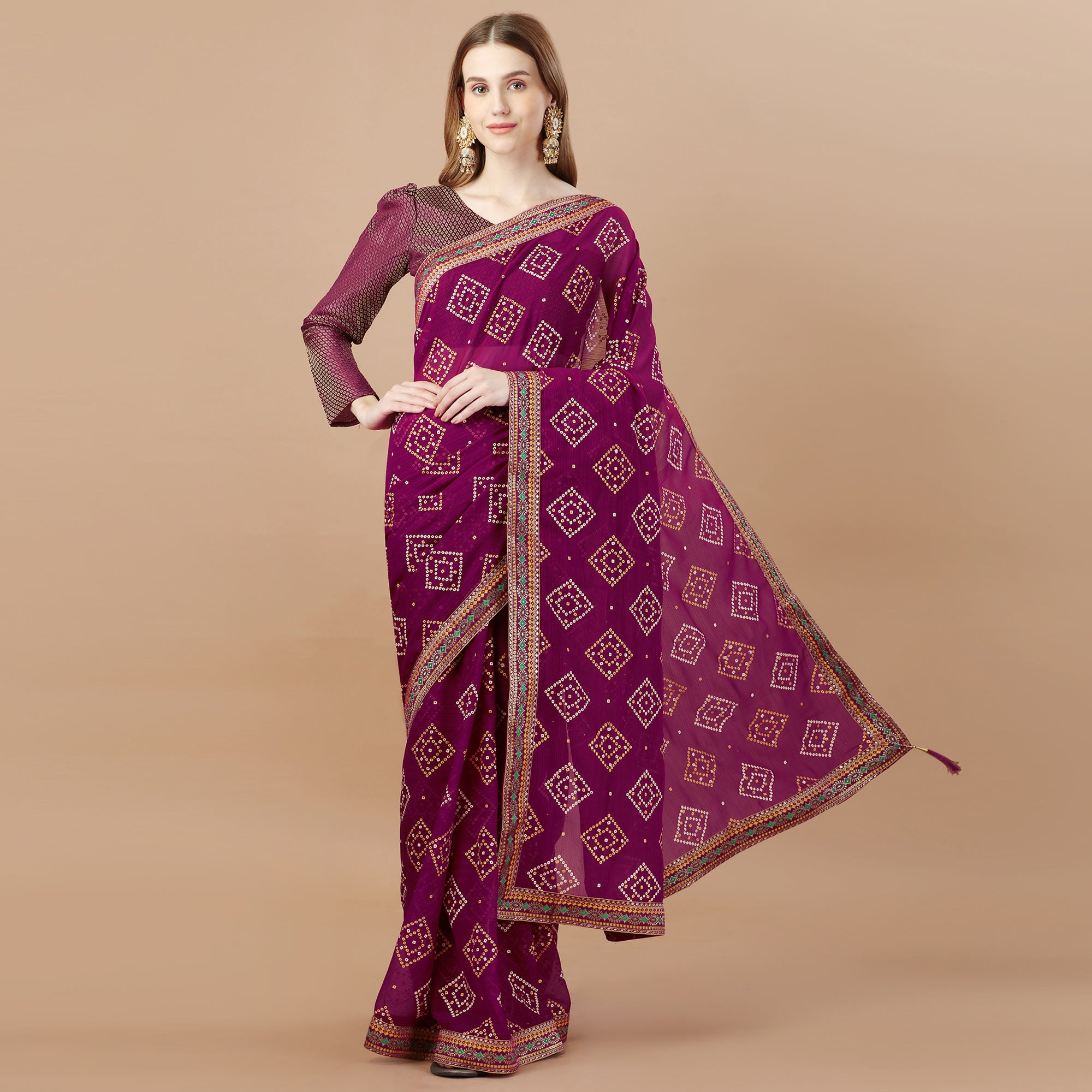 Purple Bandhani Printed Chiffon Saree