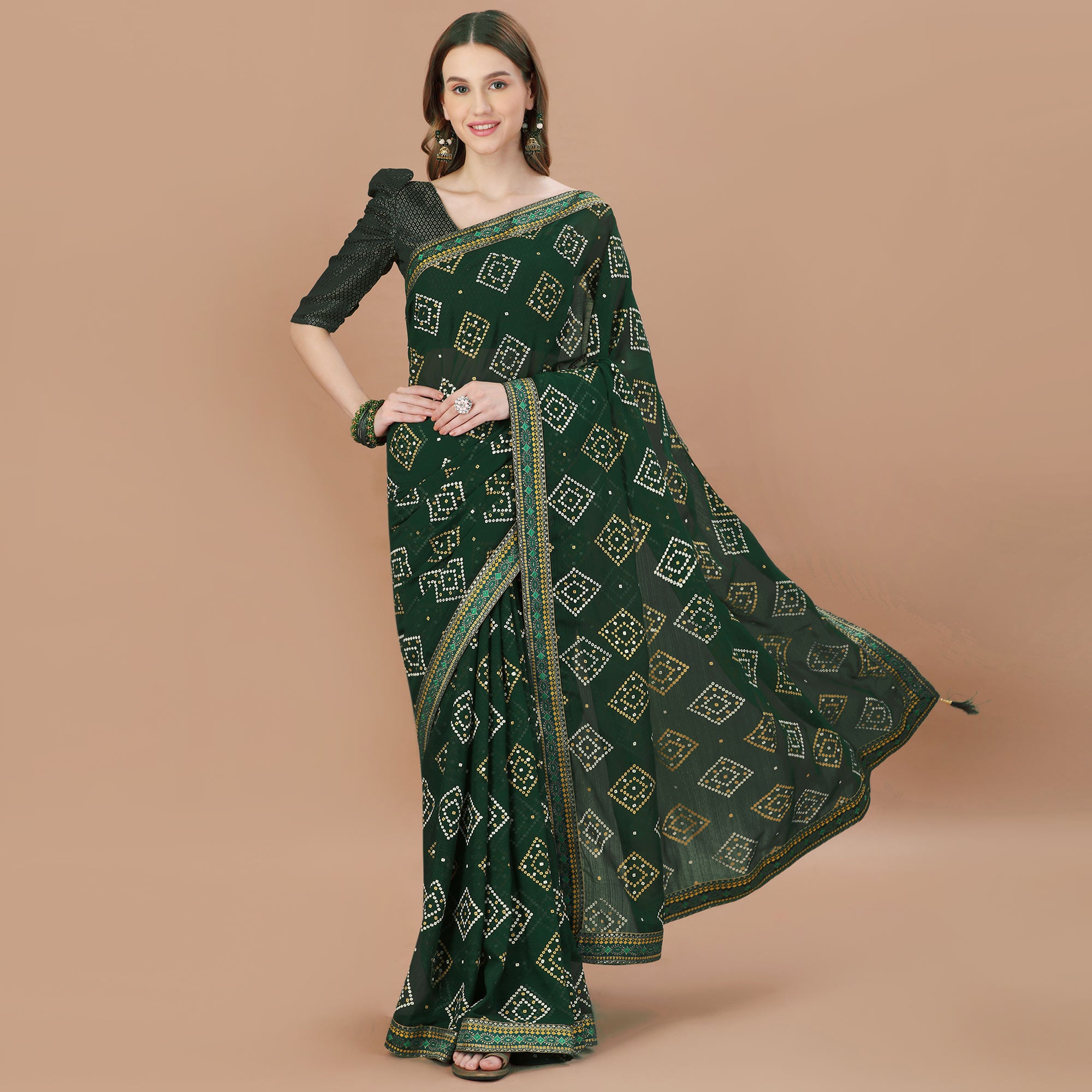 Green Bandhani Printed Chiffon Saree