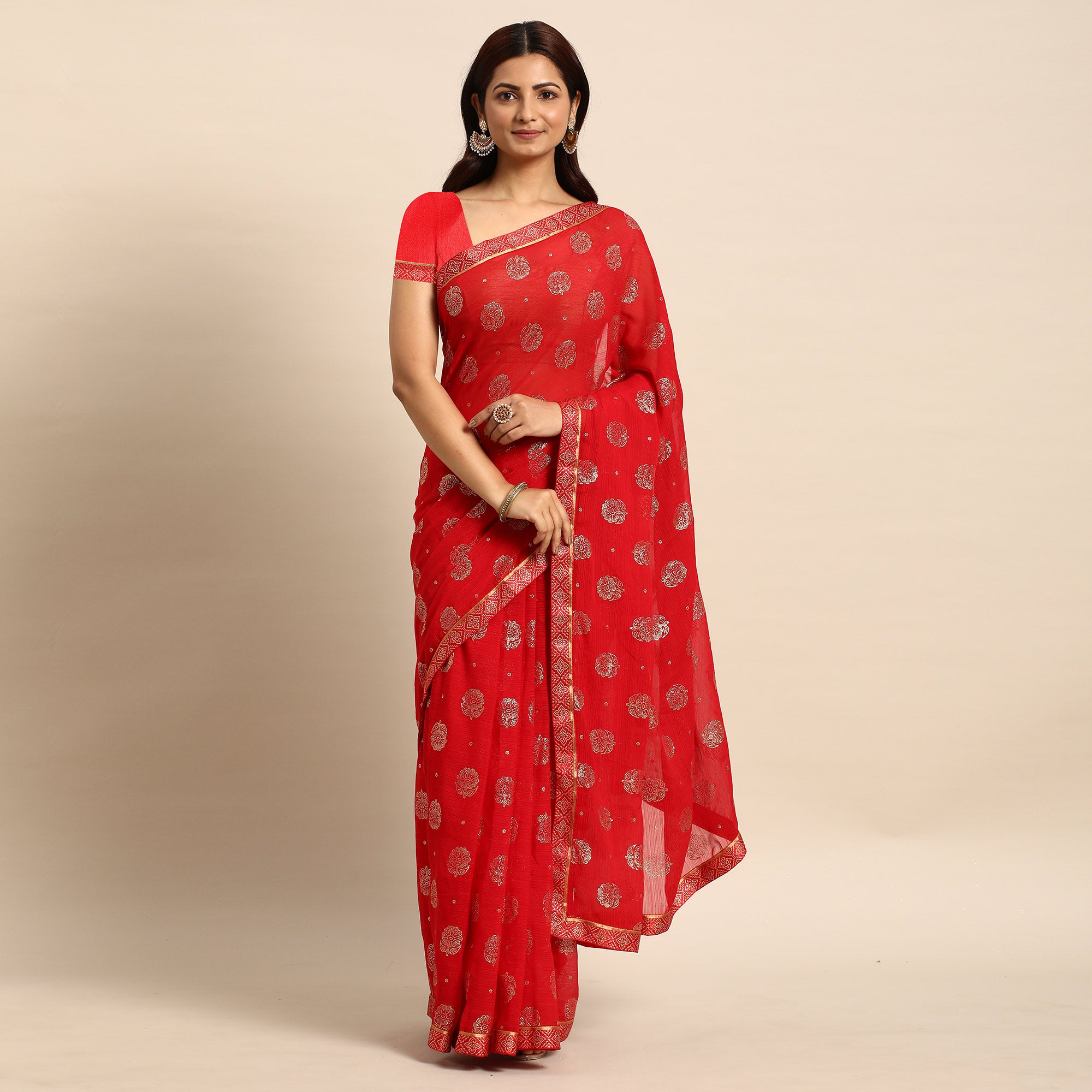 Red Foil Printed With Embellished Chiffon Saree
