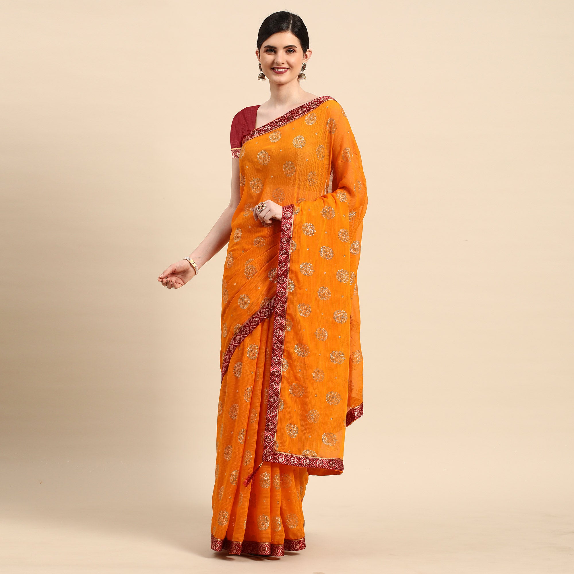 Mustard Foil Printed With Embellished Chiffon Saree