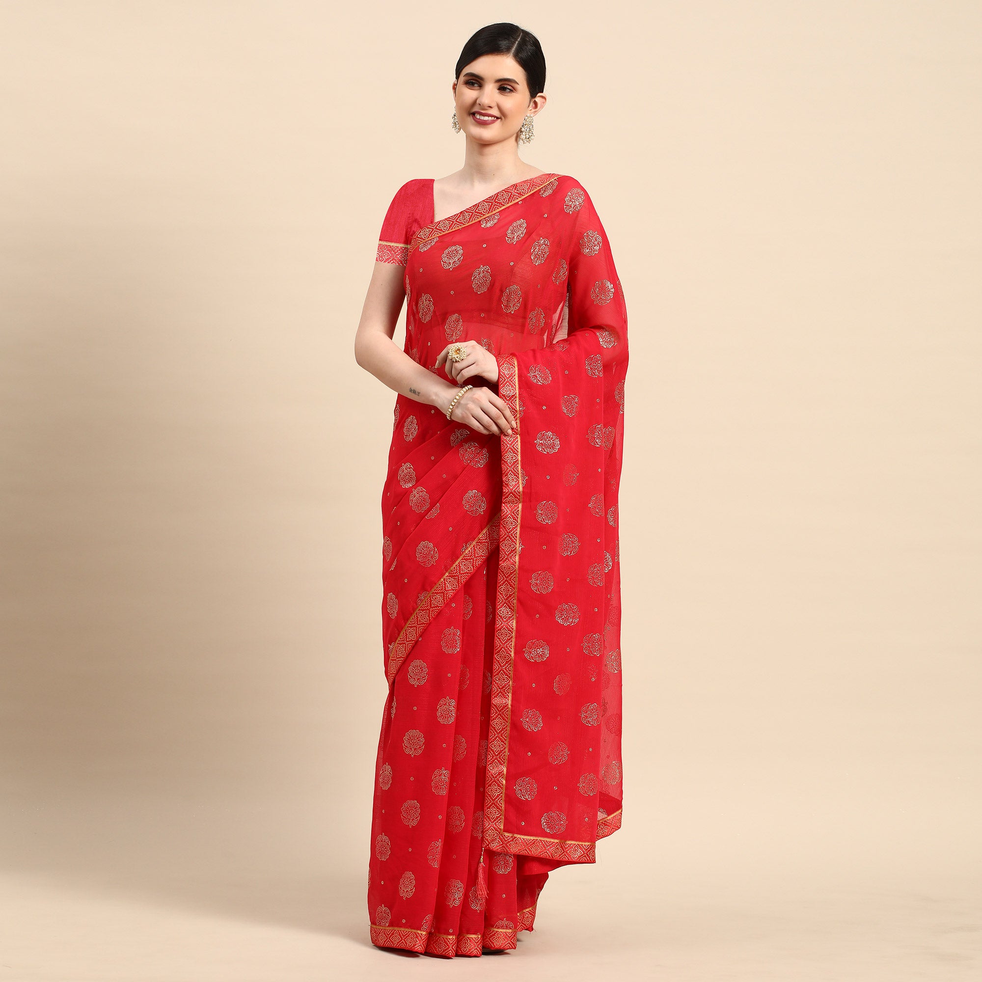 Pink Foil Printed With Embellished Chiffon Saree