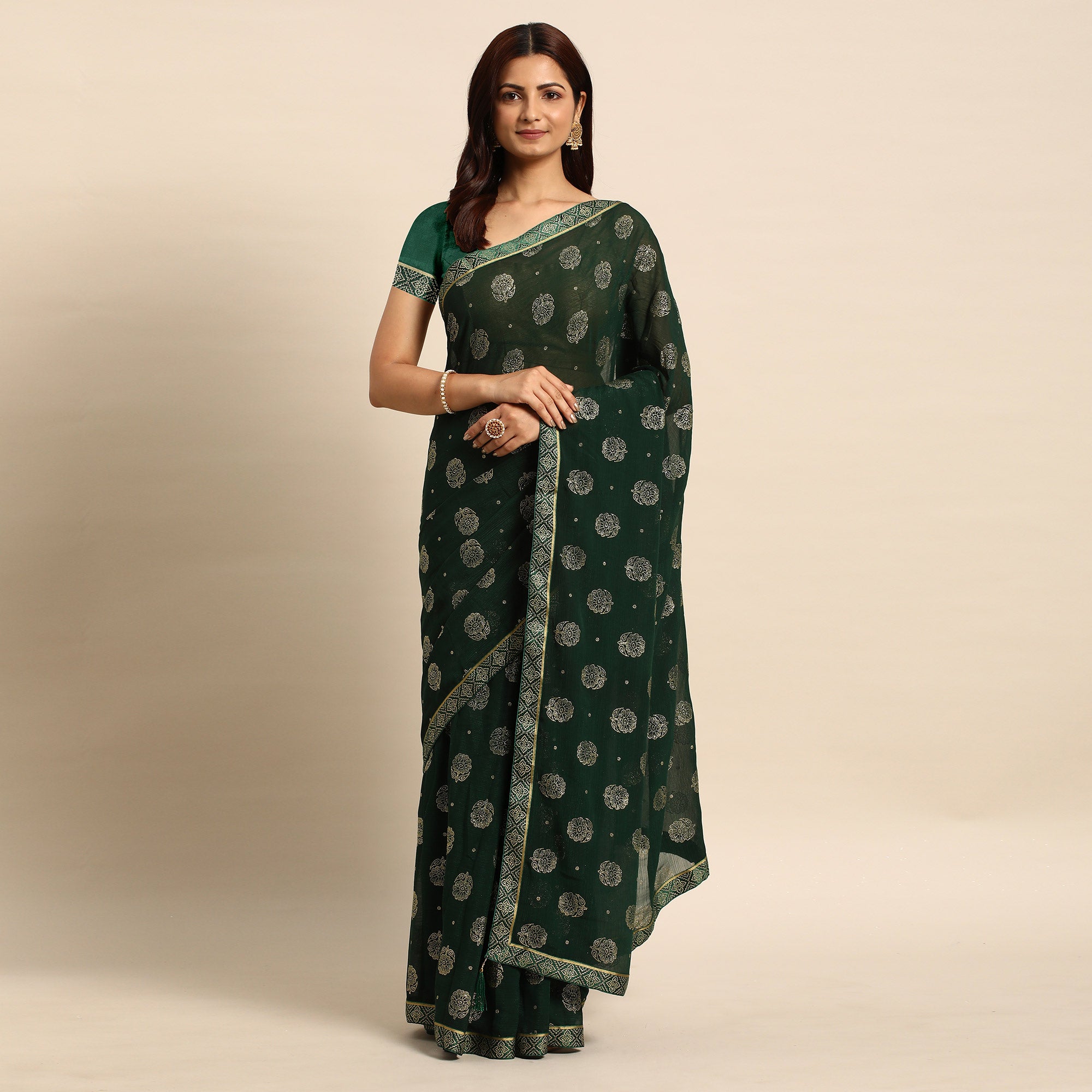 Green Foil Printed With Embellished Chiffon Saree