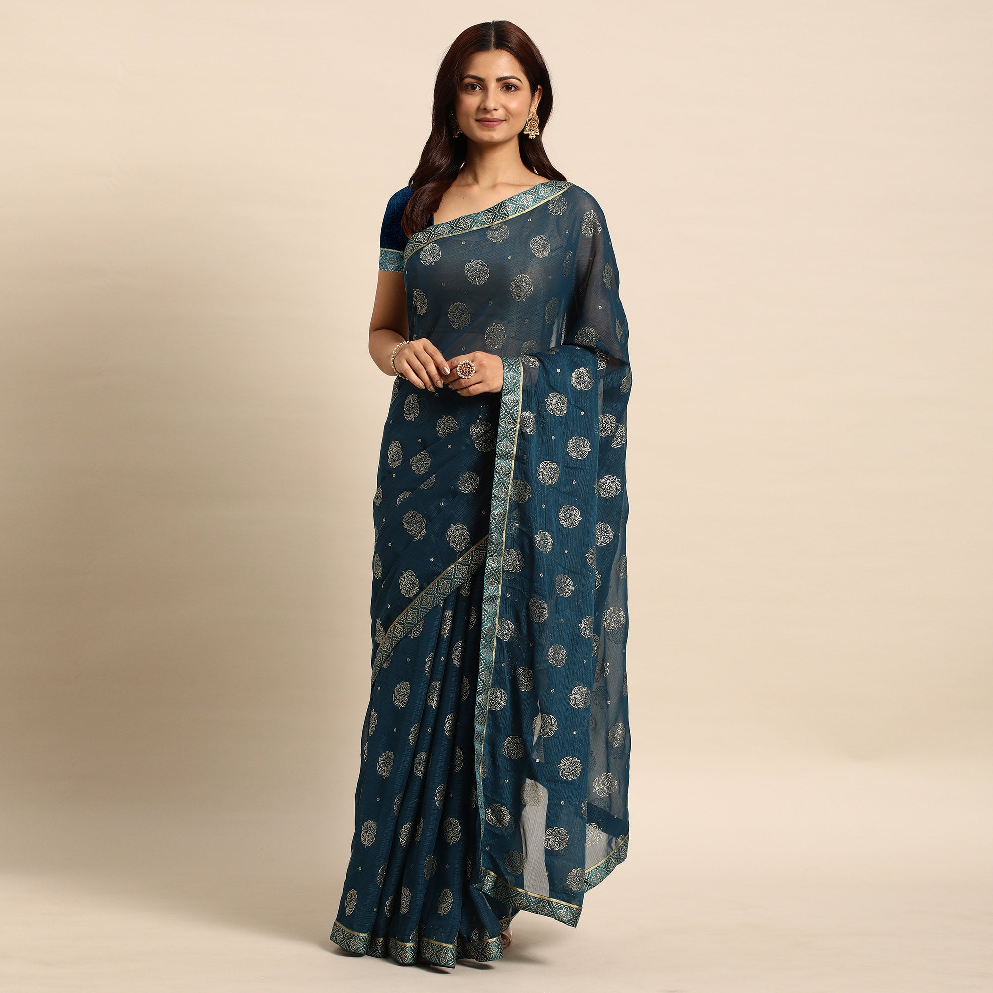 Teal Blue Foil Printed With Embellished Chiffon Saree